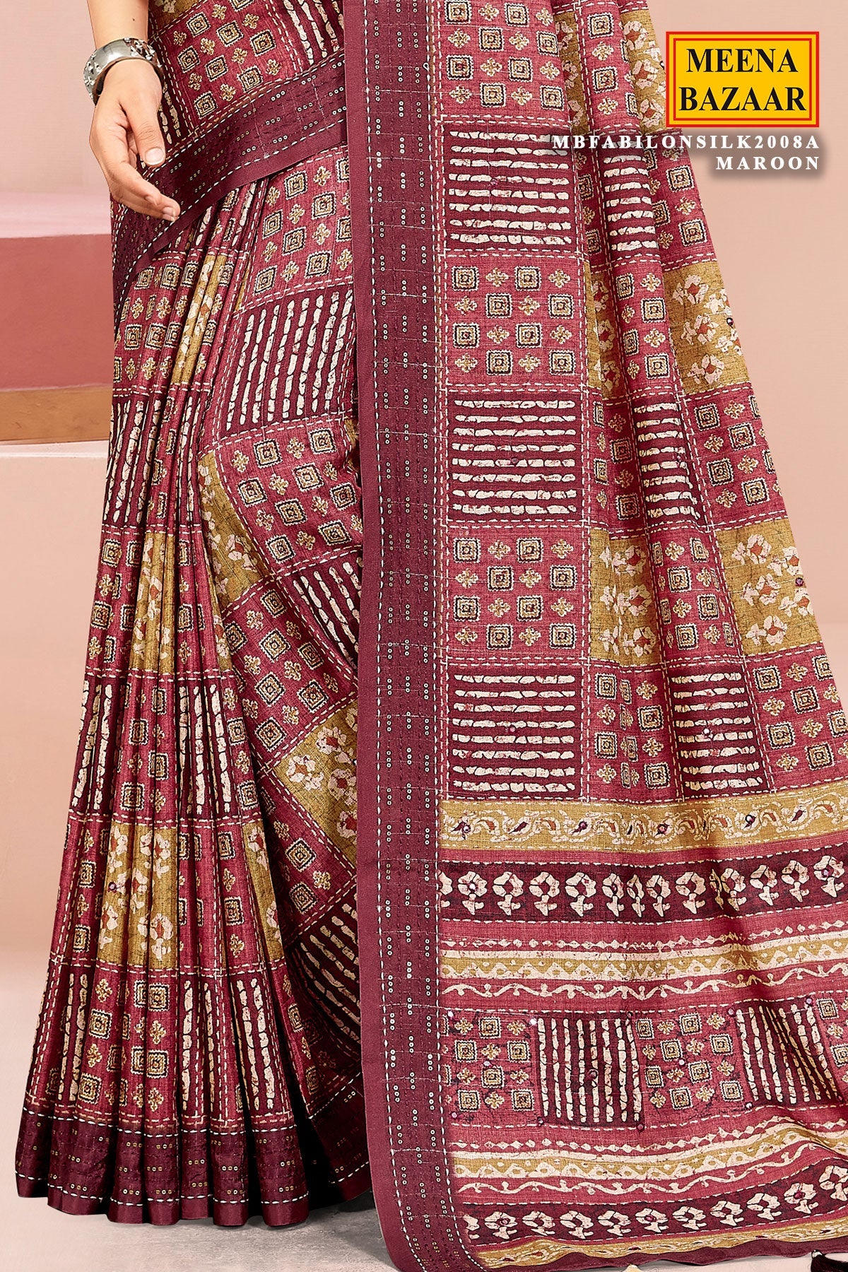 Maroon Cotton Saree with Elegant Embroidery & Artistic Prints