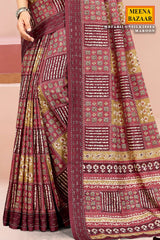 Maroon Cotton Saree with Elegant Embroidery & Artistic Prints