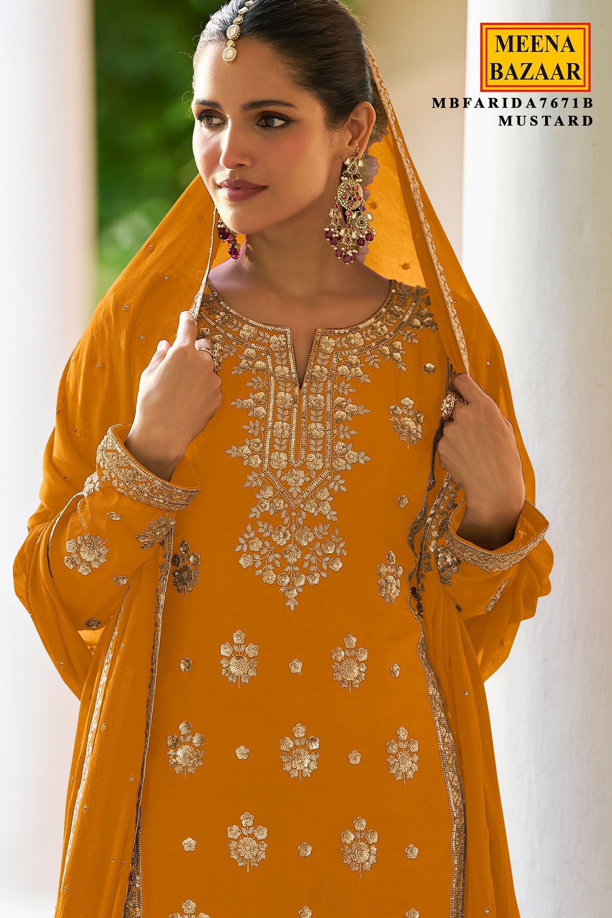 Mustard Embroidered Silk Sharara Suit