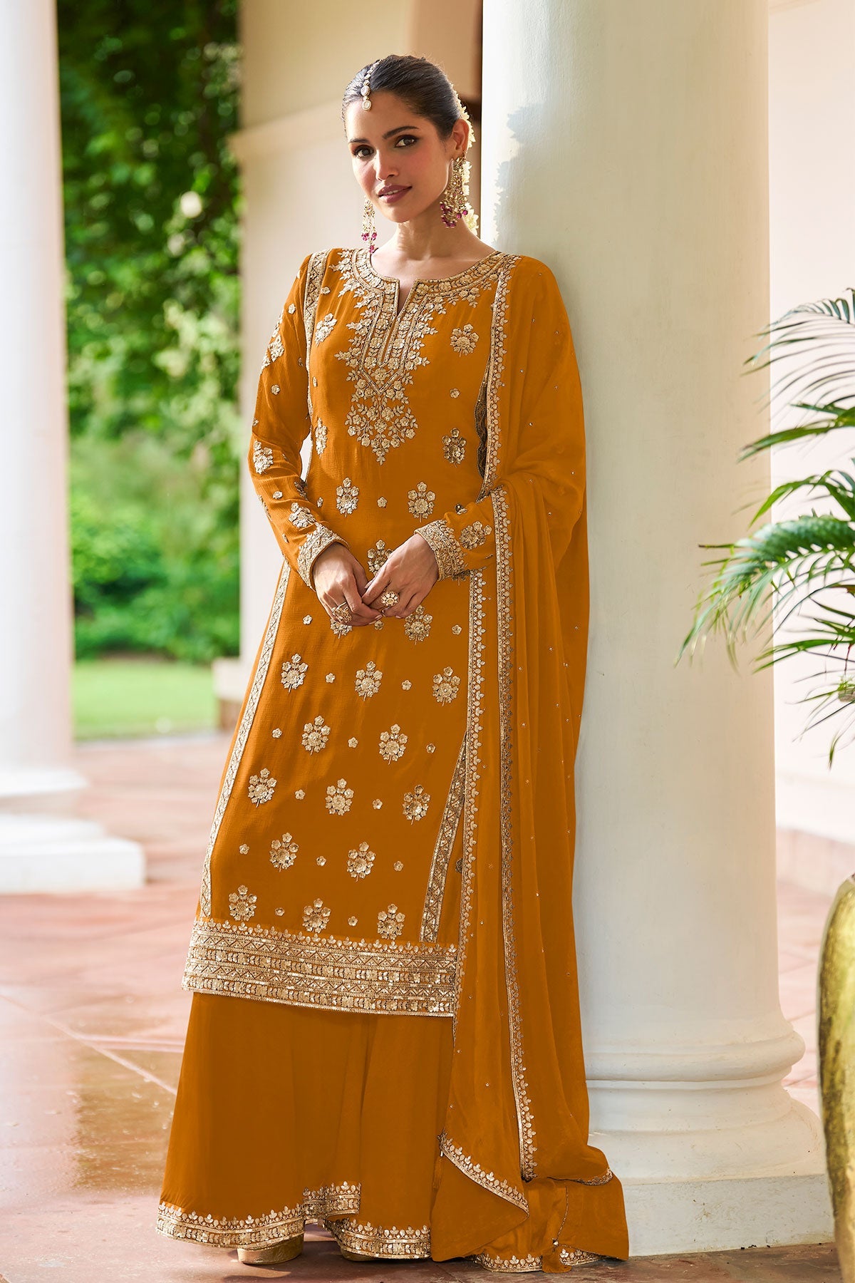 Mustard Embroidered Silk Sharara Suit