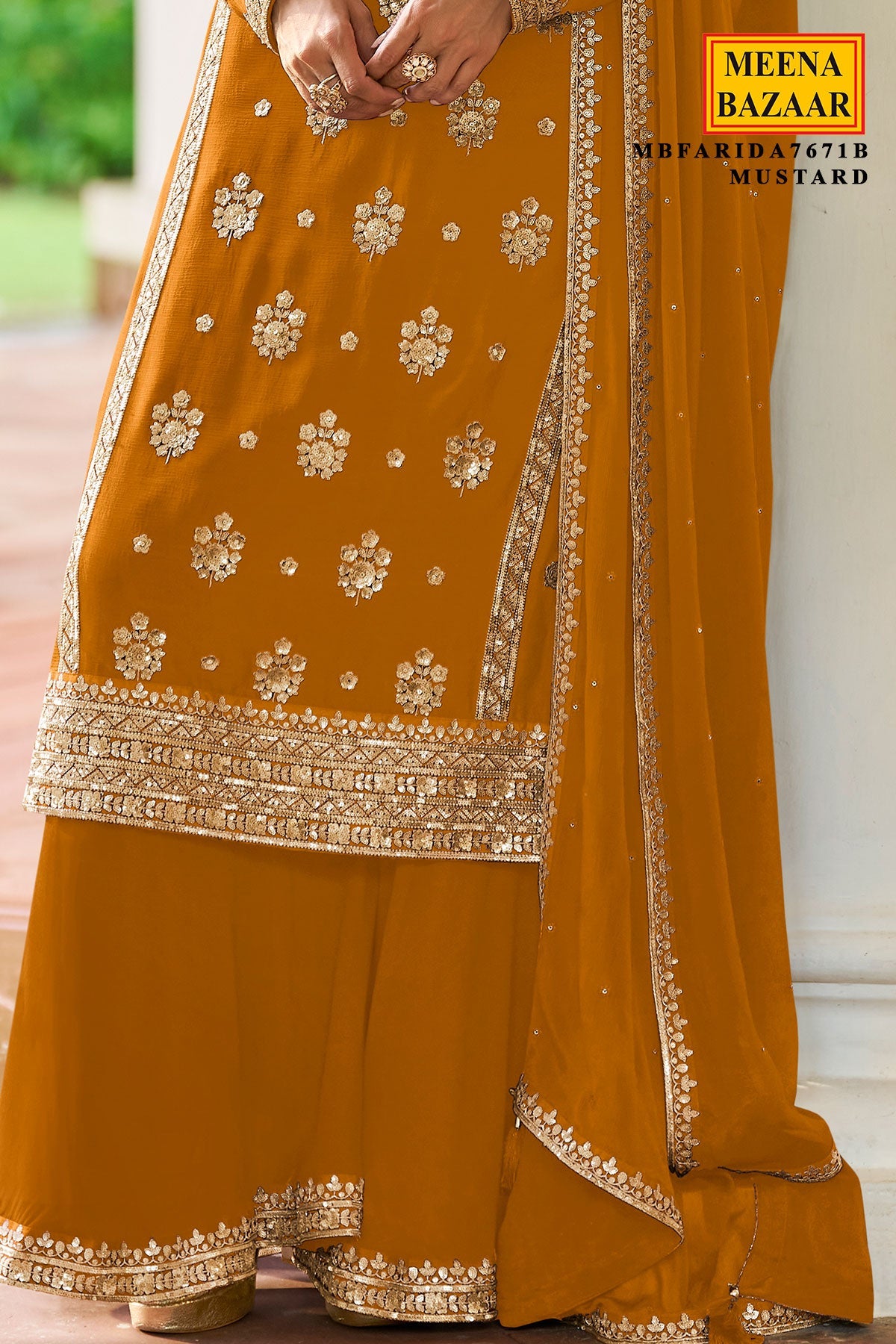 Mustard Embroidered Silk Sharara Suit