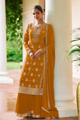 Mustard Embroidered Silk Sharara Suit