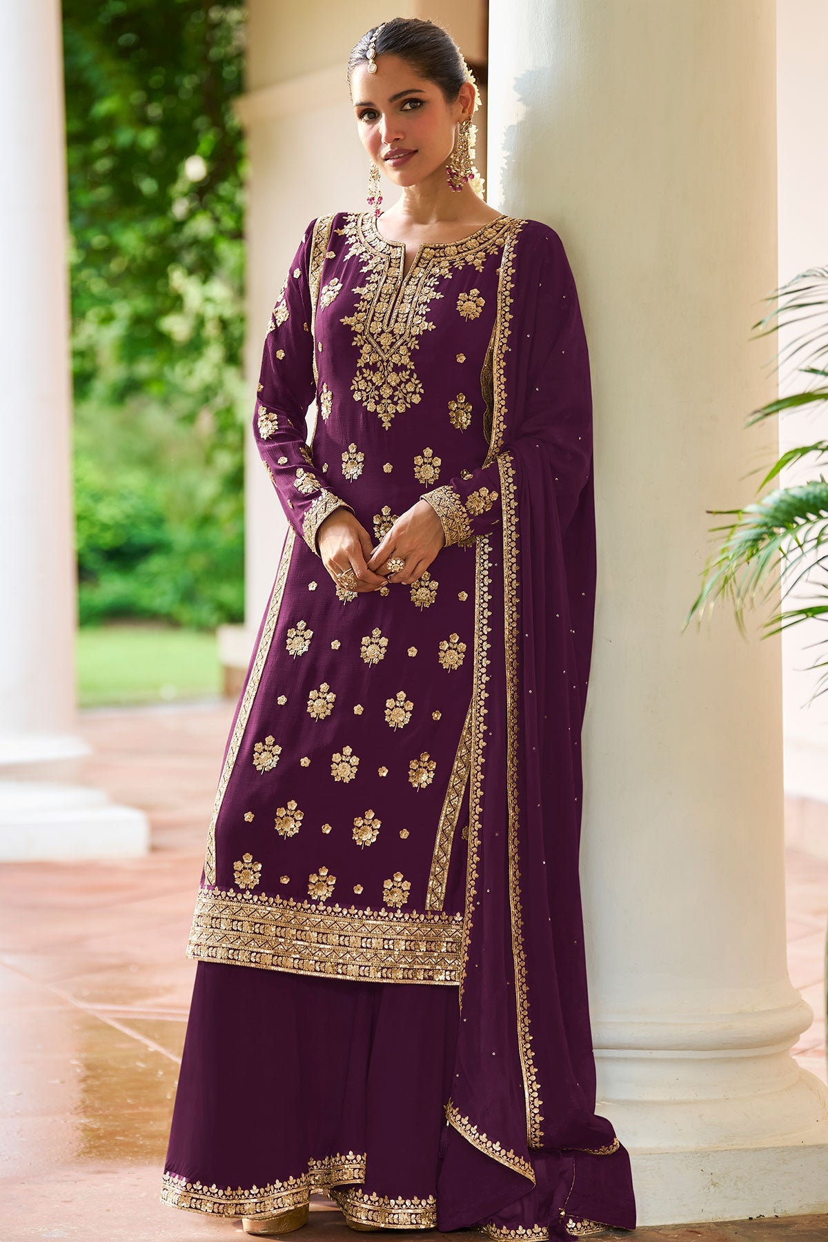 Wine Embroidered Silk Sharara Suit
