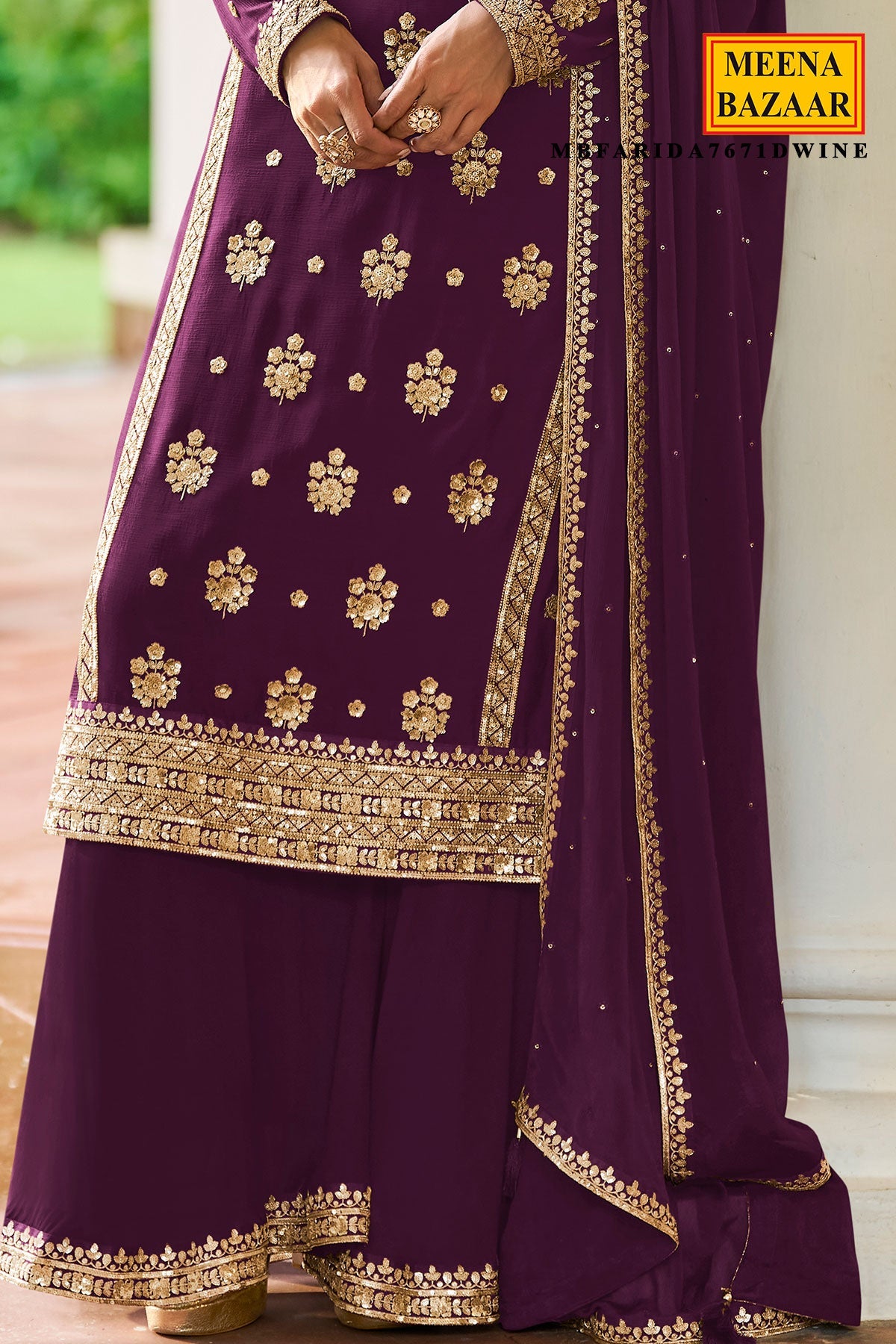 Wine Embroidered Silk Sharara Suit