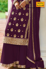 Wine Embroidered Silk Sharara Suit