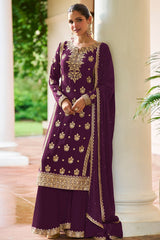 Wine Embroidered Silk Sharara Suit