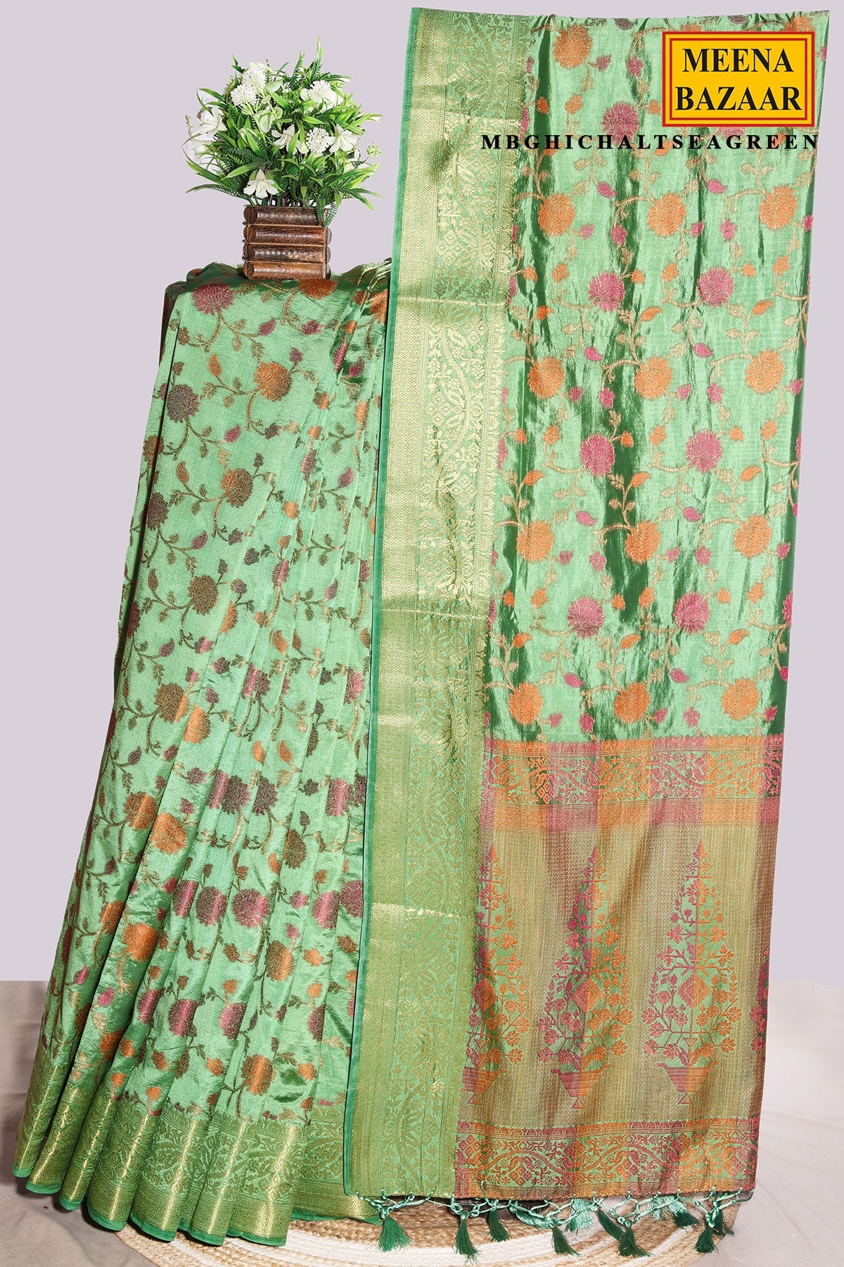 Sea Green Silk Saree with Classic Woven Design