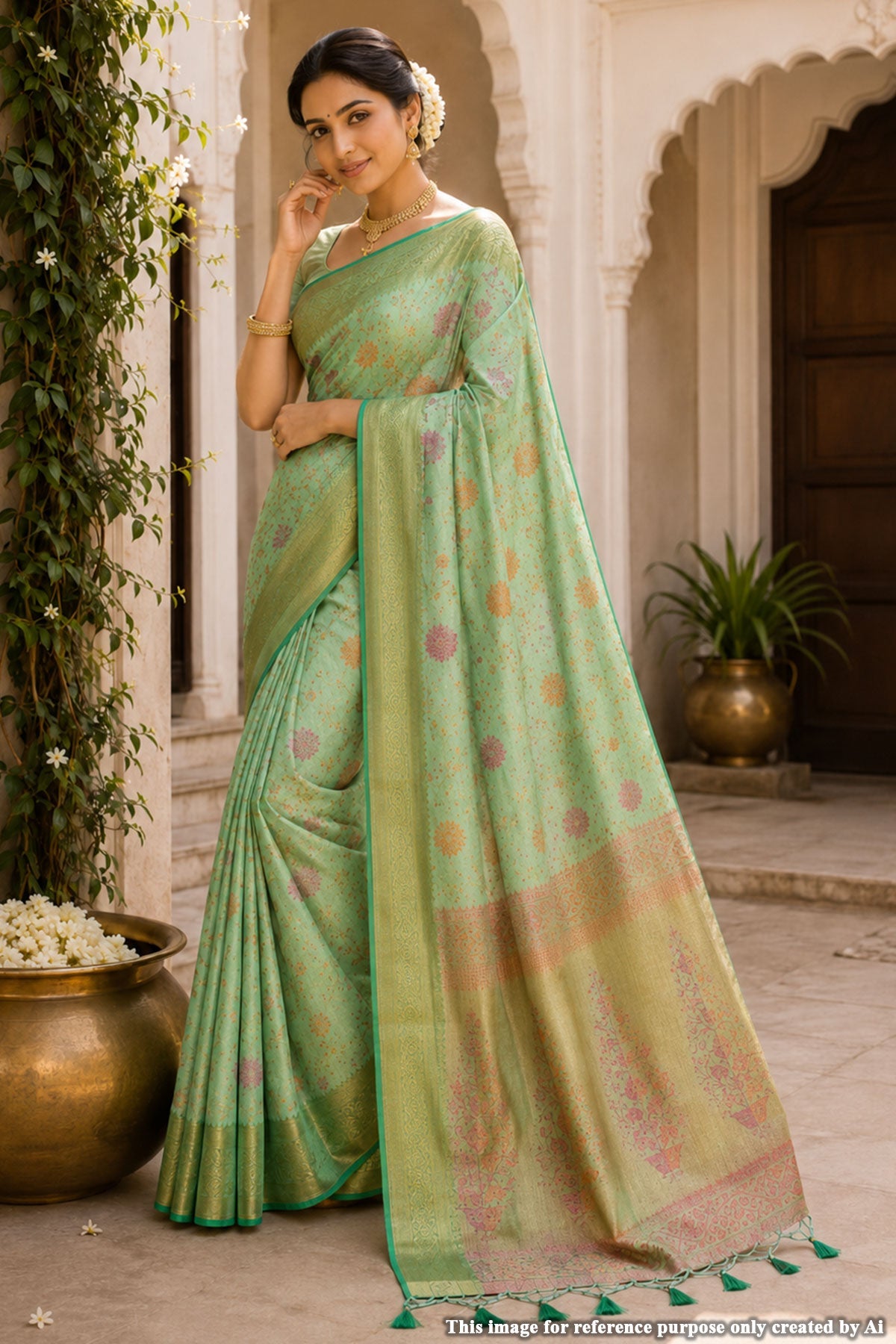 Sea Green Silk Saree with Classic Woven Design