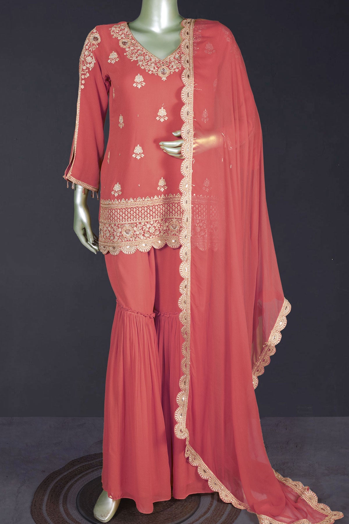 Gajari Zari Sequin Embroidered Georgette Gharara Suit Set