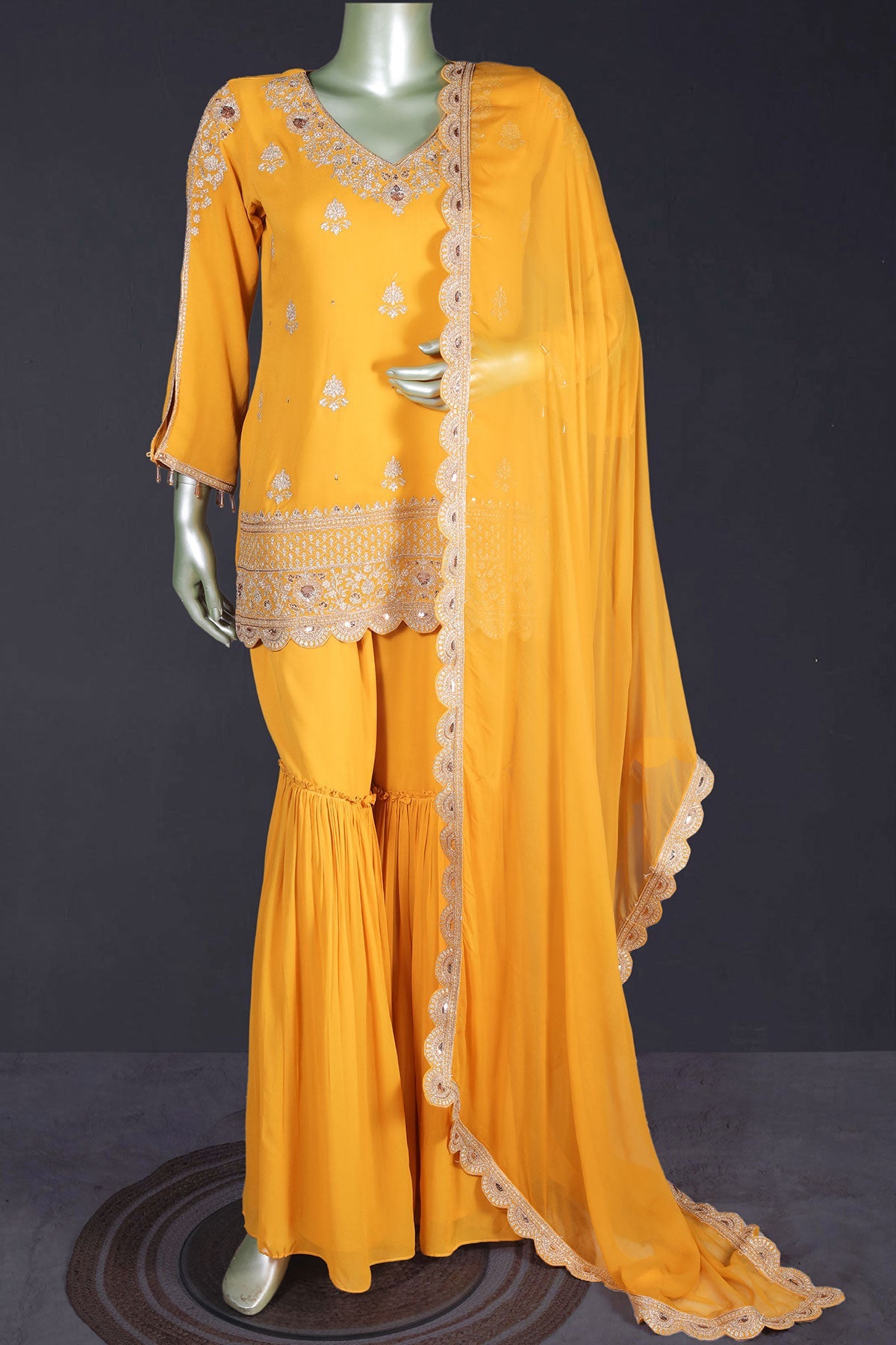 Mustard Zari Sequin Embroidered Georgette Gharara Suit Set