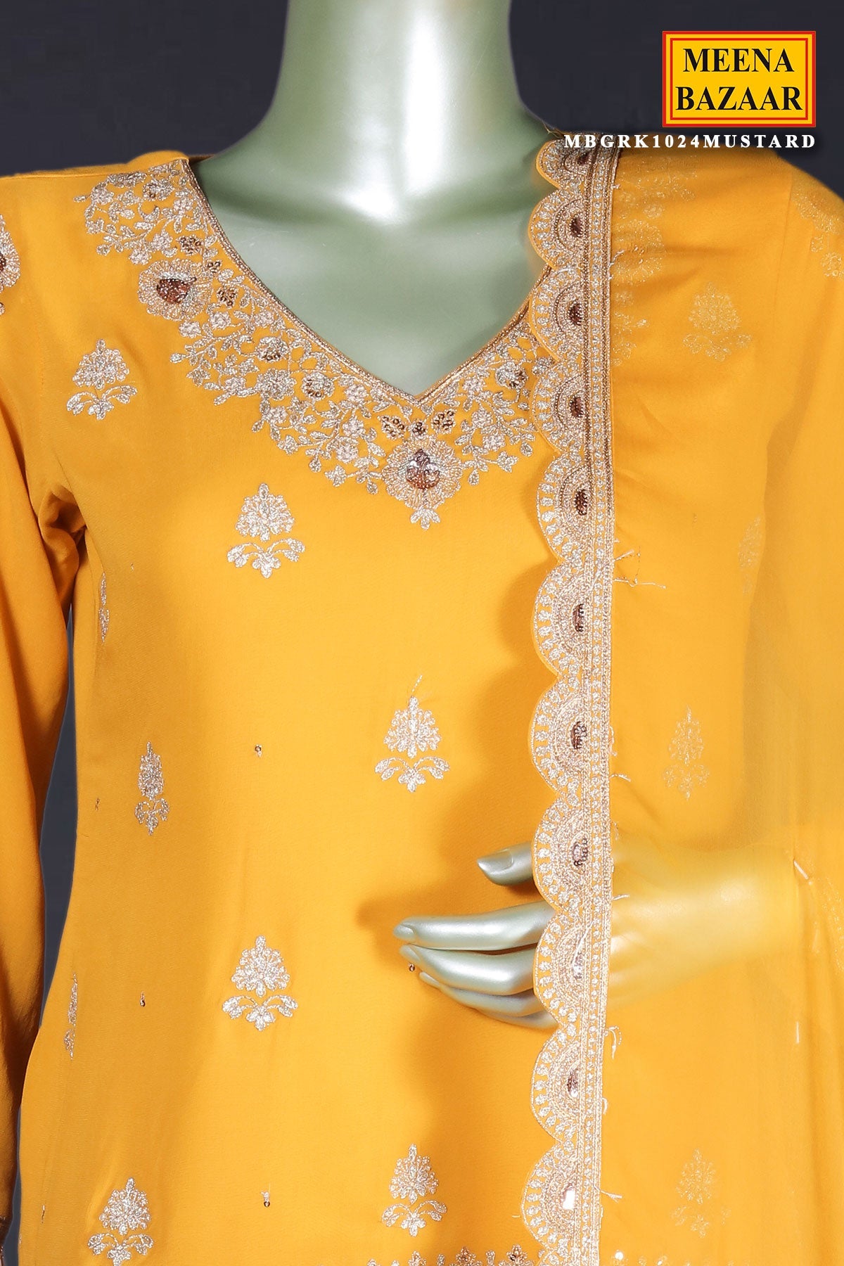 Mustard Zari Sequin Embroidered Georgette Gharara Suit Set