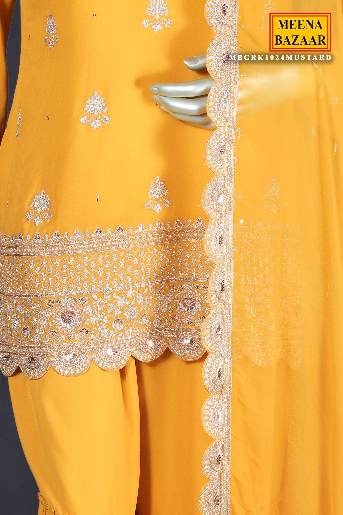 Mustard Zari Sequin Embroidered Georgette Gharara Suit Set