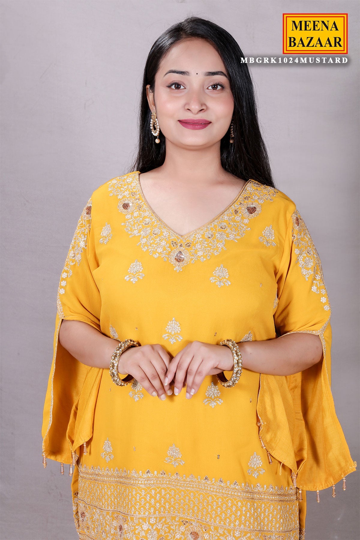 Mustard Zari Sequin Embroidered Georgette Gharara Suit Set