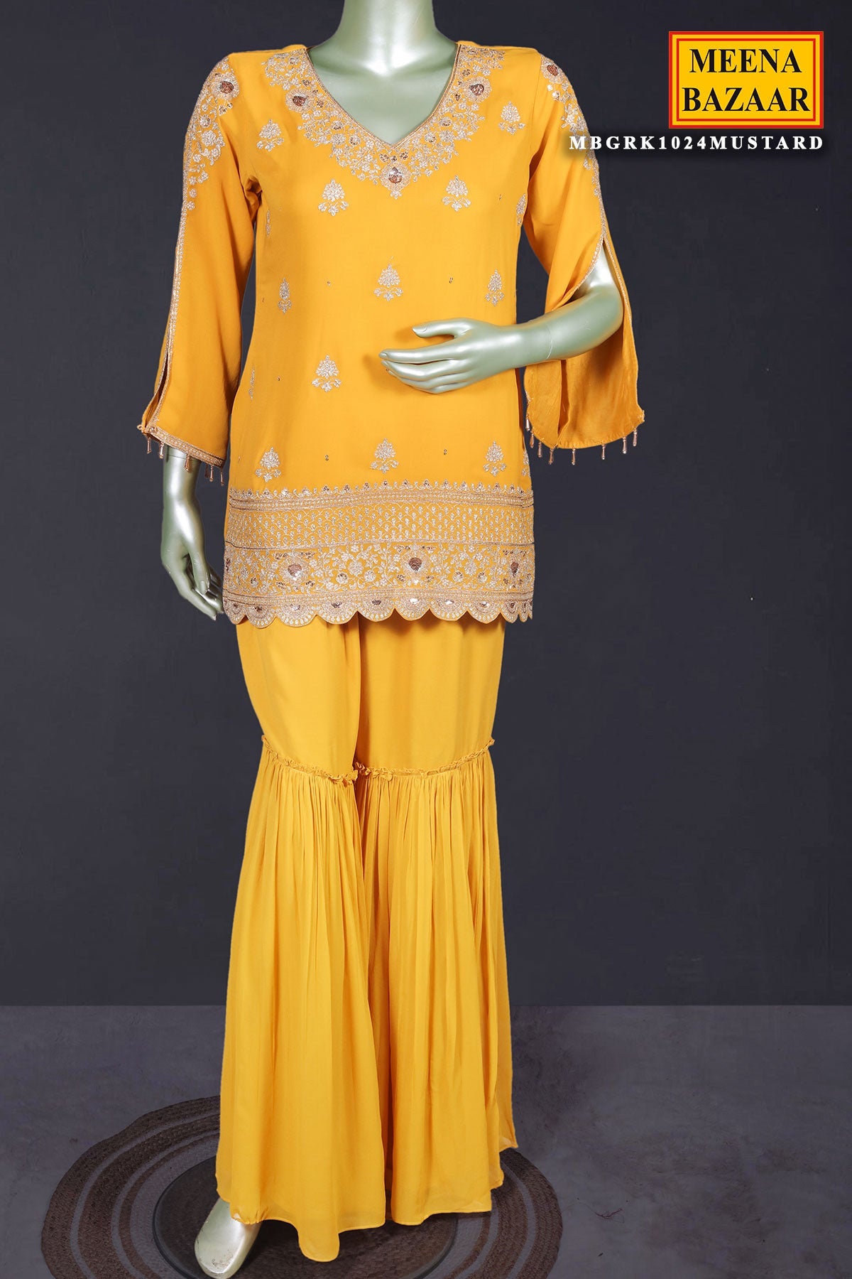 Mustard Zari Sequin Embroidered Georgette Gharara Suit Set