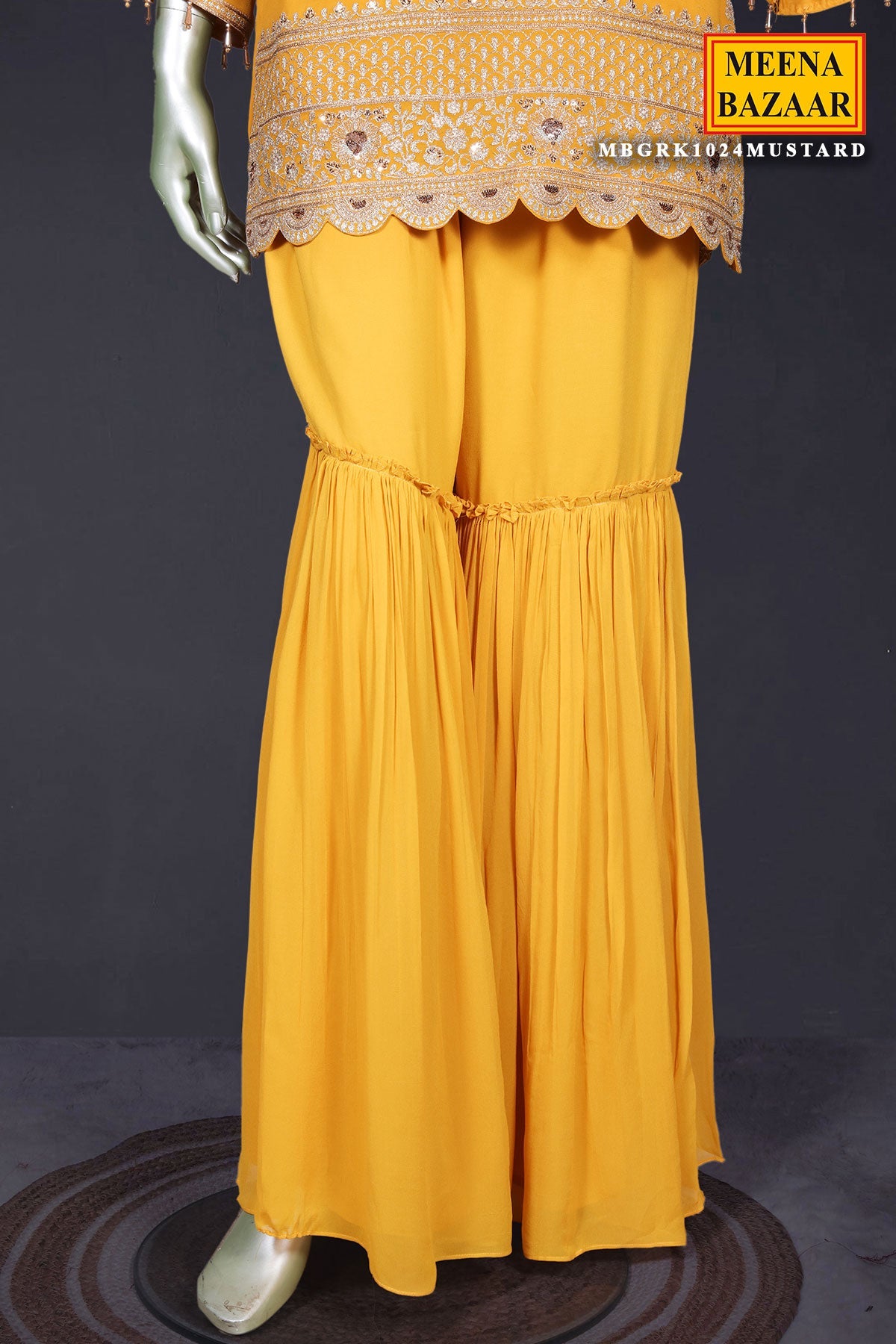 Mustard Zari Sequin Embroidered Georgette Gharara Suit Set