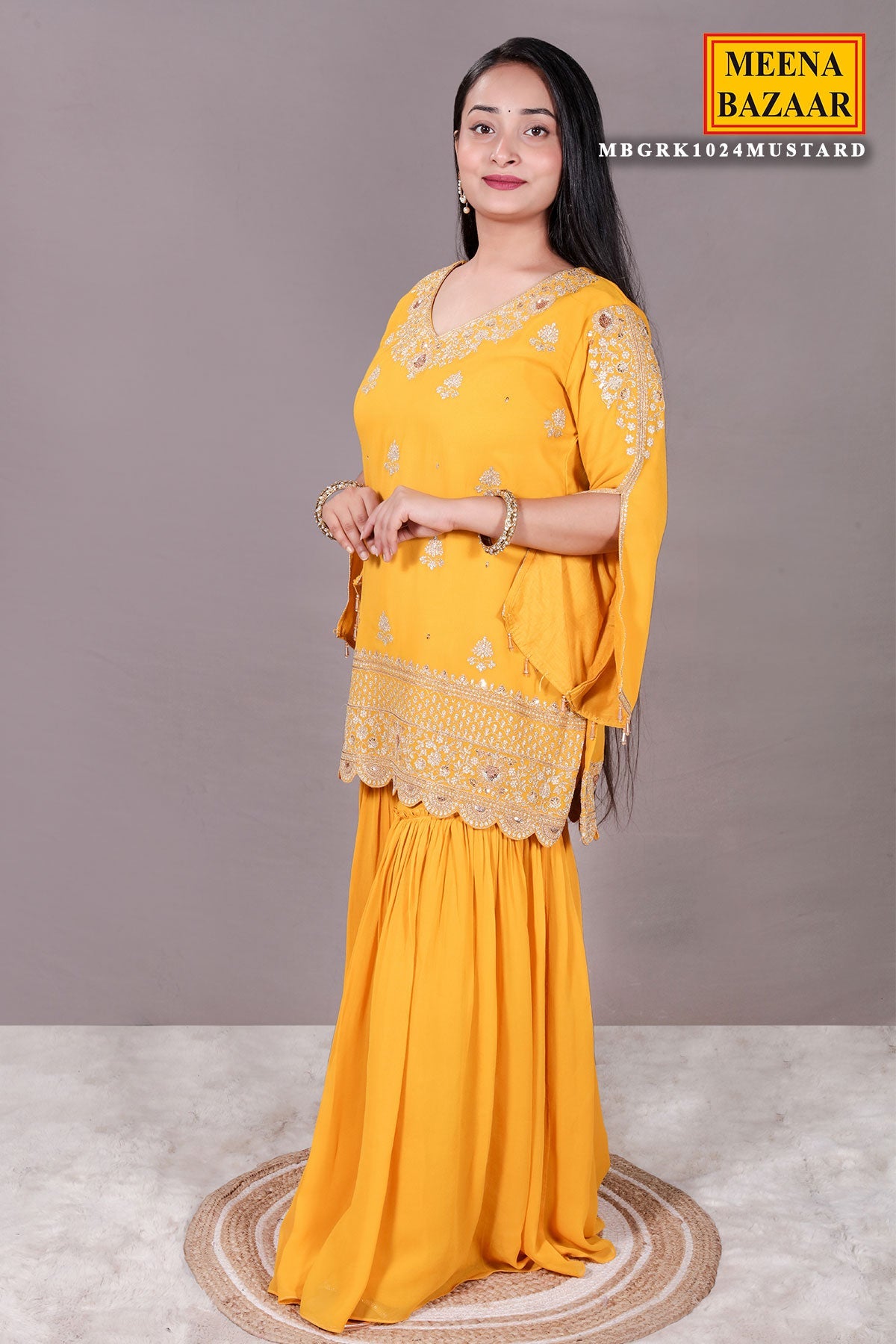 Mustard Zari Sequin Embroidered Georgette Gharara Suit Set