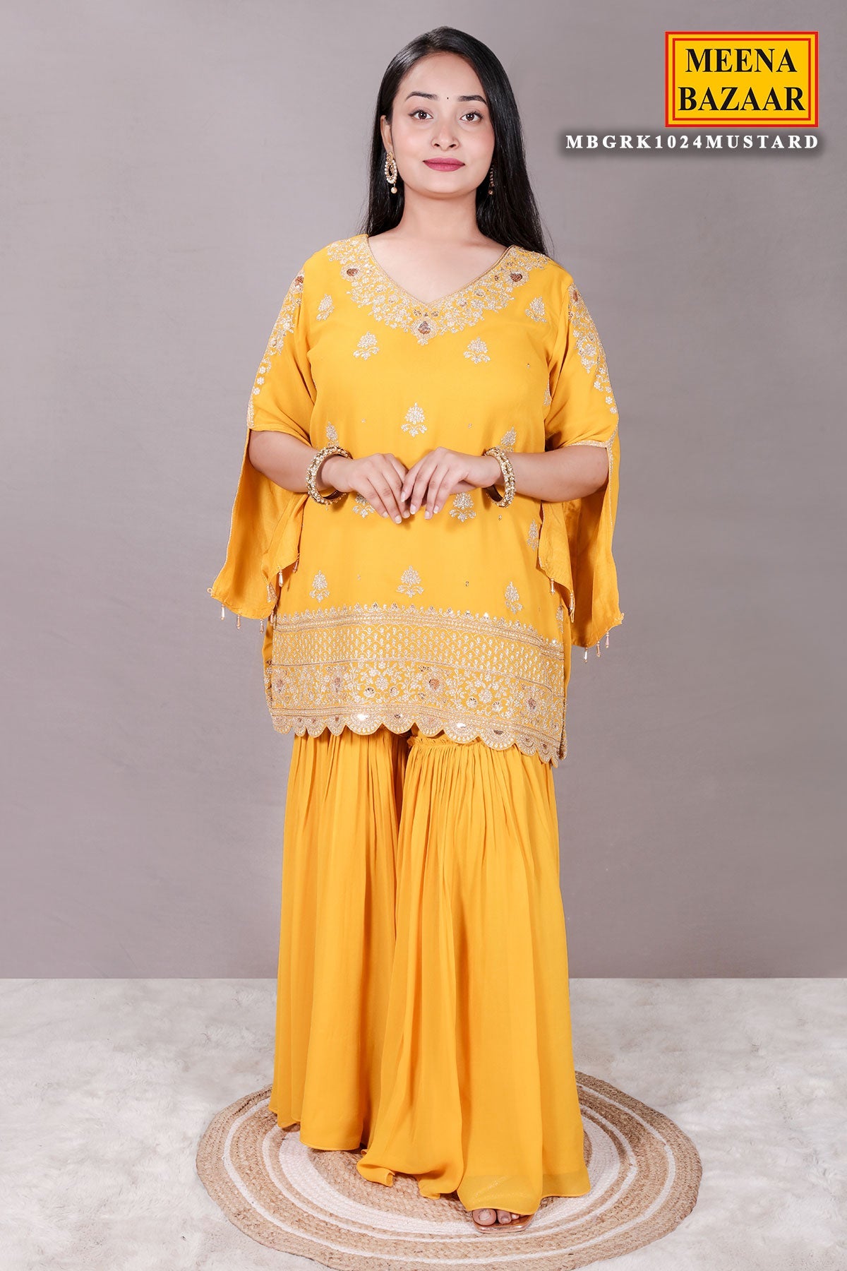 Mustard Zari Sequin Embroidered Georgette Gharara Suit Set