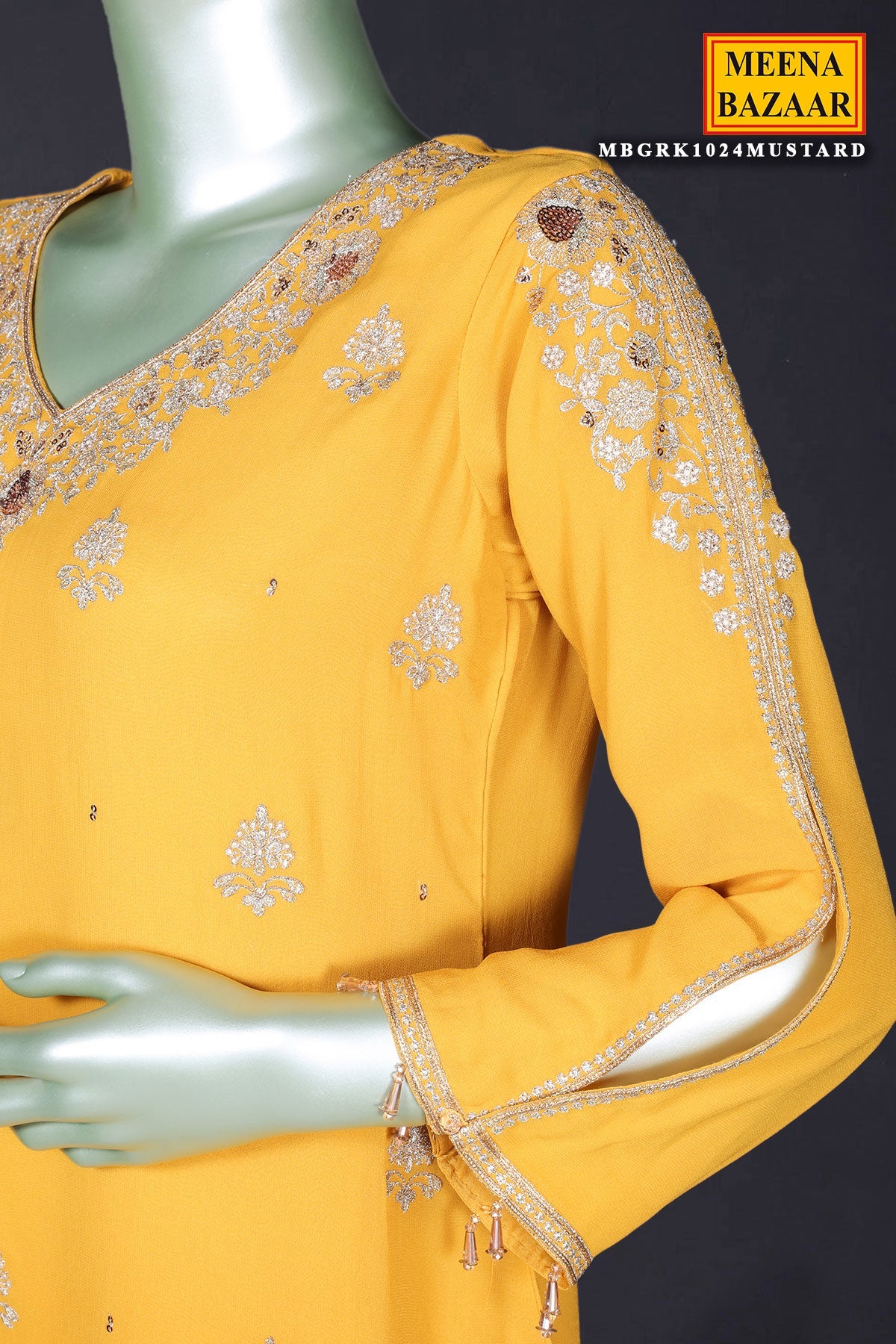 Mustard Zari Sequin Embroidered Georgette Gharara Suit Set