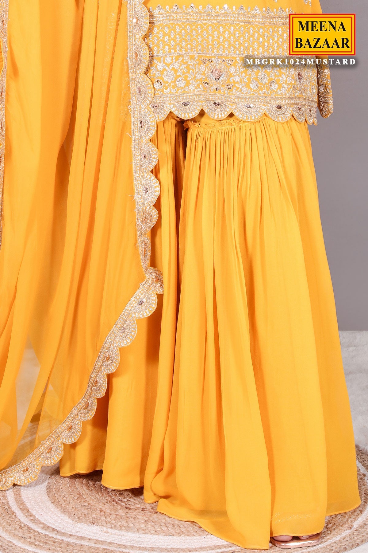 Mustard Zari Sequin Embroidered Georgette Gharara Suit Set