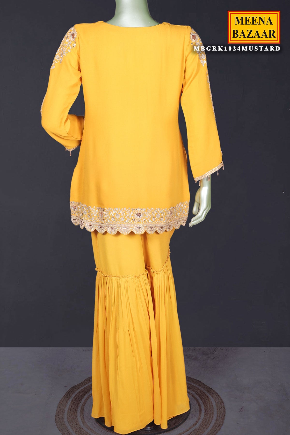 Mustard Zari Sequin Embroidered Georgette Gharara Suit Set