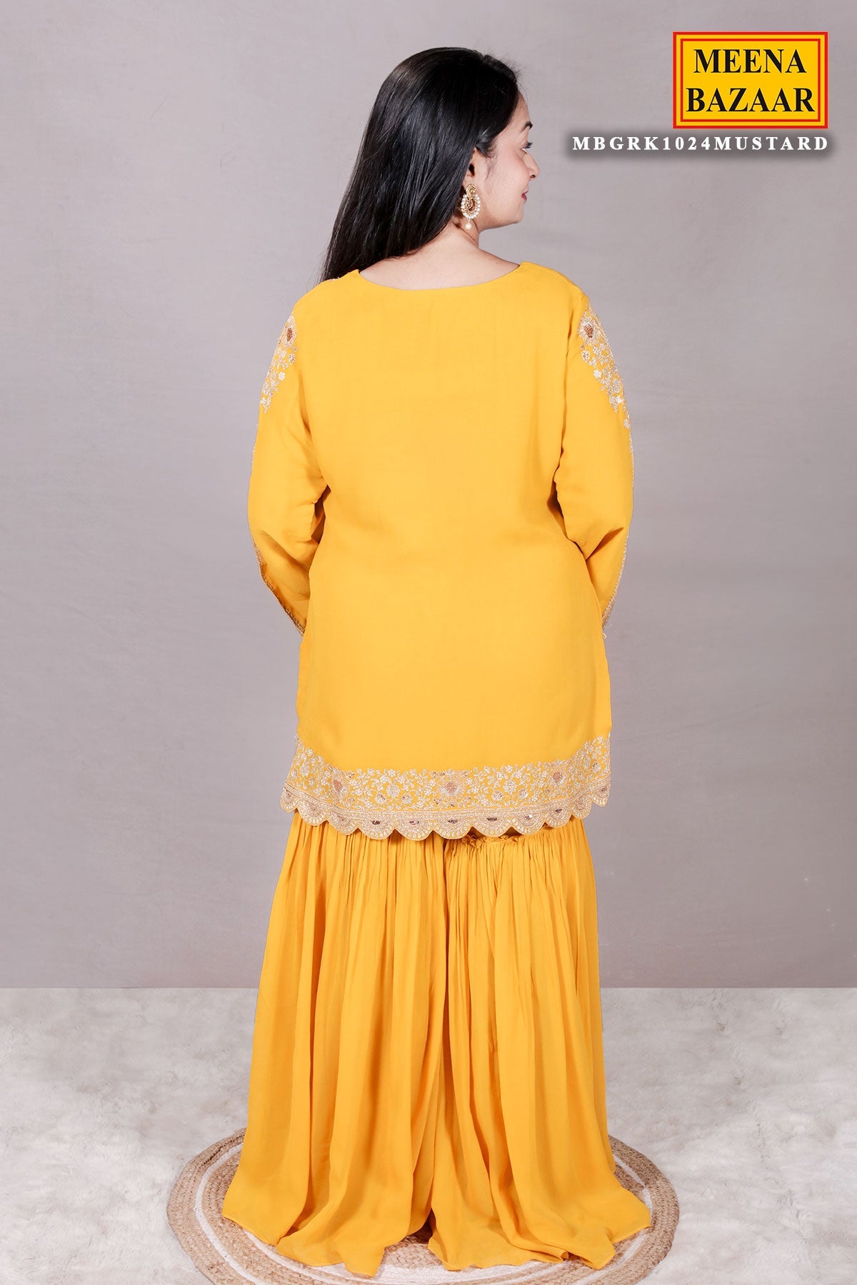 Mustard Zari Sequin Embroidered Georgette Gharara Suit Set