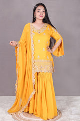 Mustard Zari Sequin Embroidered Georgette Gharara Suit Set