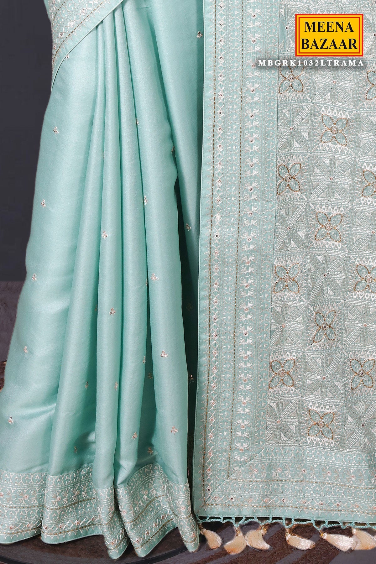 Sea Green Silk Resham Threadwork Zari & Sequins Embroidered Saree