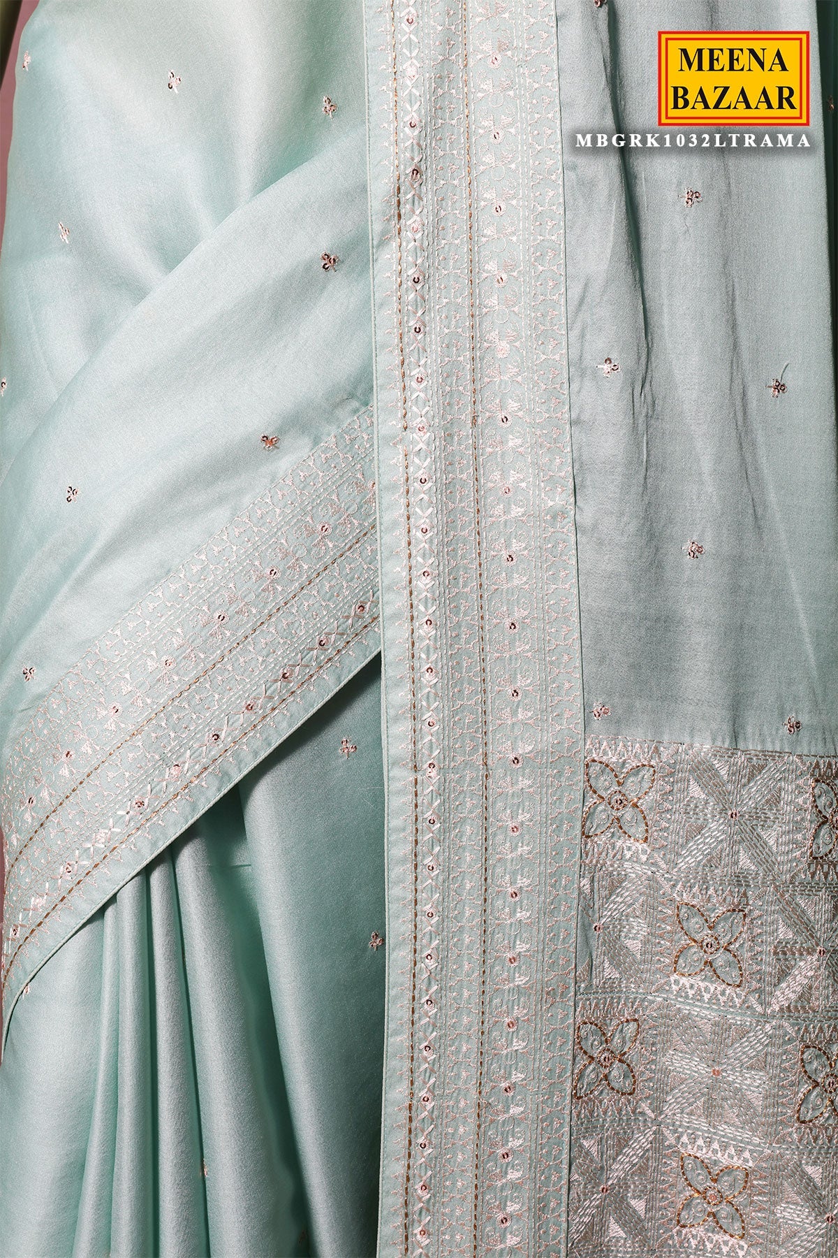 Sea Green Silk Resham Threadwork Zari & Sequins Embroidered Saree