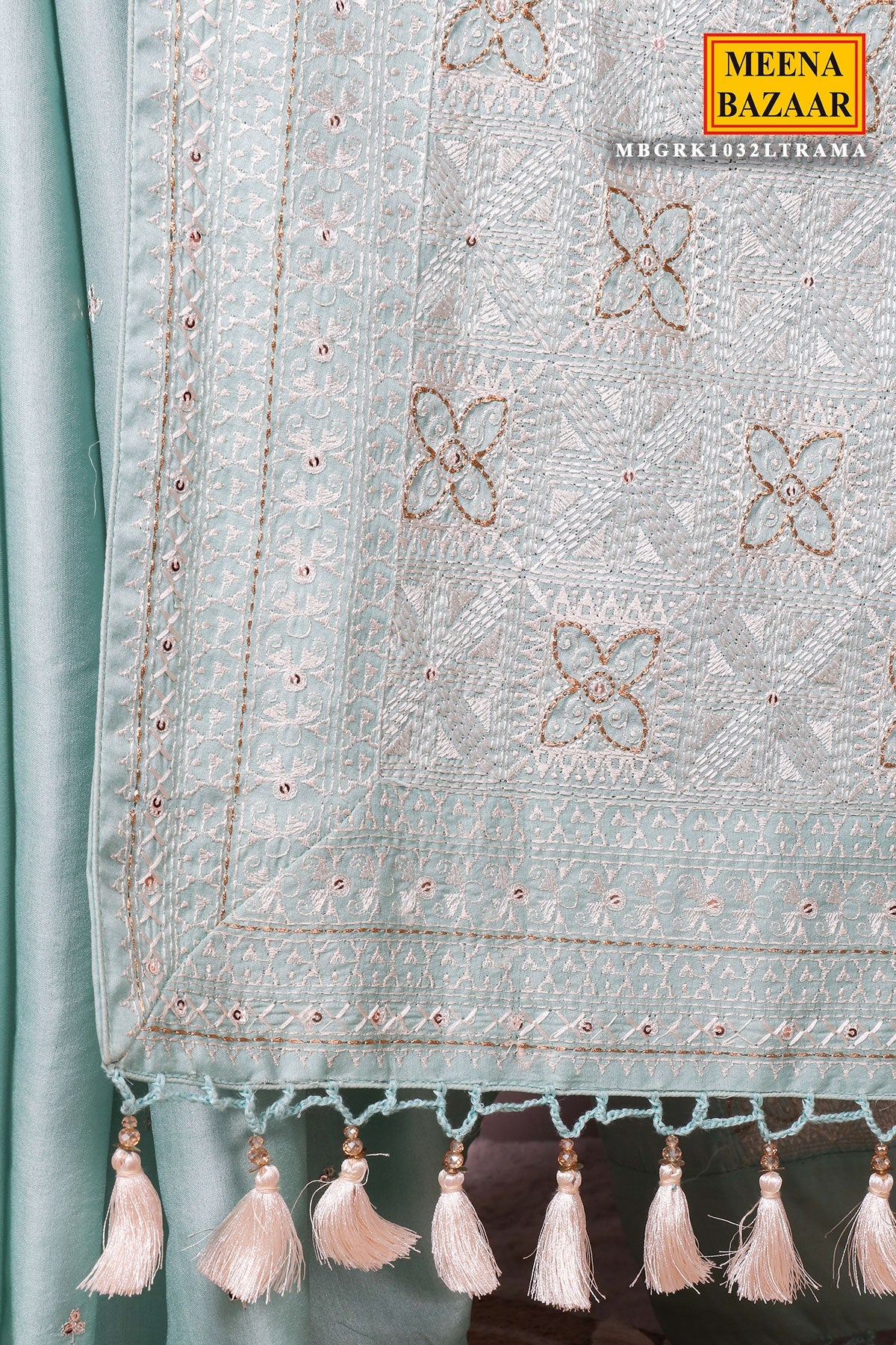 Sea Green Silk Resham Threadwork Zari & Sequins Embroidered Saree