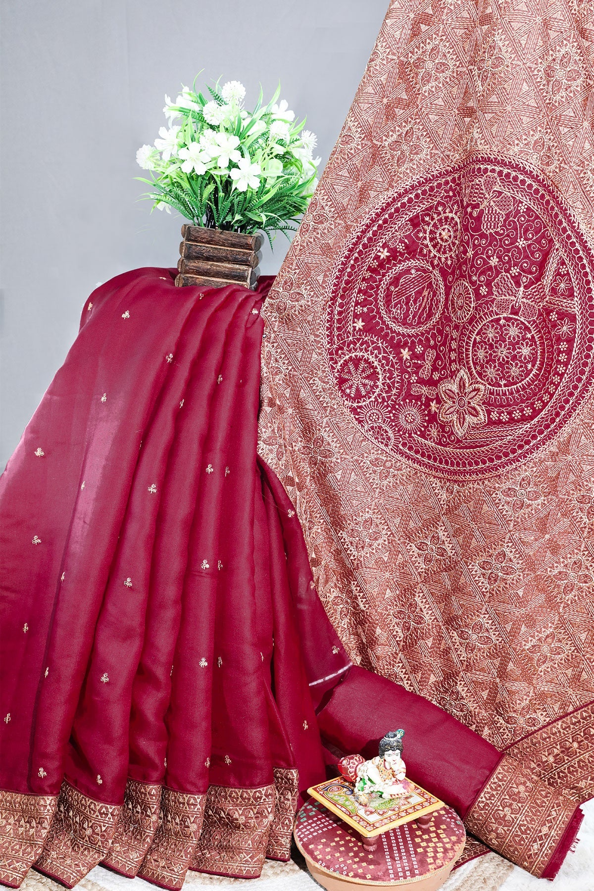 Maroon Silk Resham Threadwork Zari & Sequins Embroidered Saree