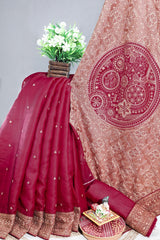 Maroon Silk Resham Threadwork Zari & Sequins Embroidered Saree