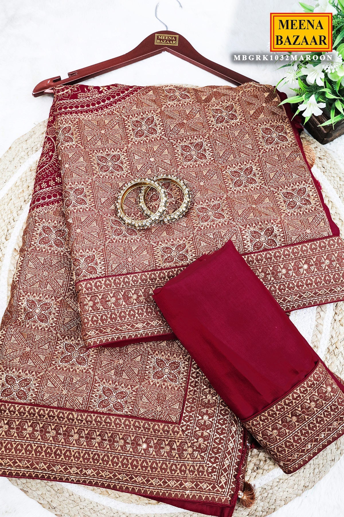 Maroon Silk Resham Threadwork Zari & Sequins Embroidered Saree