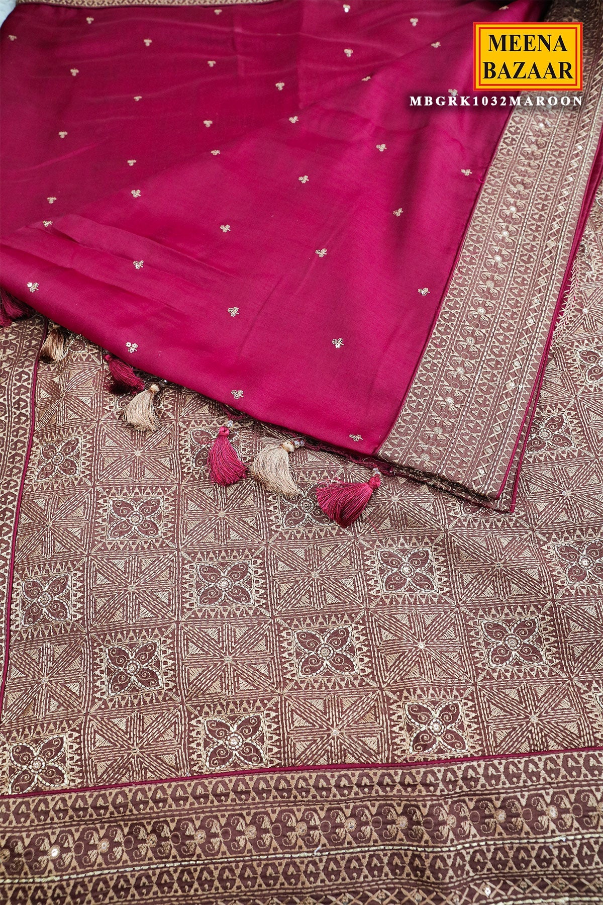 Maroon Silk Resham Threadwork Zari & Sequins Embroidered Saree
