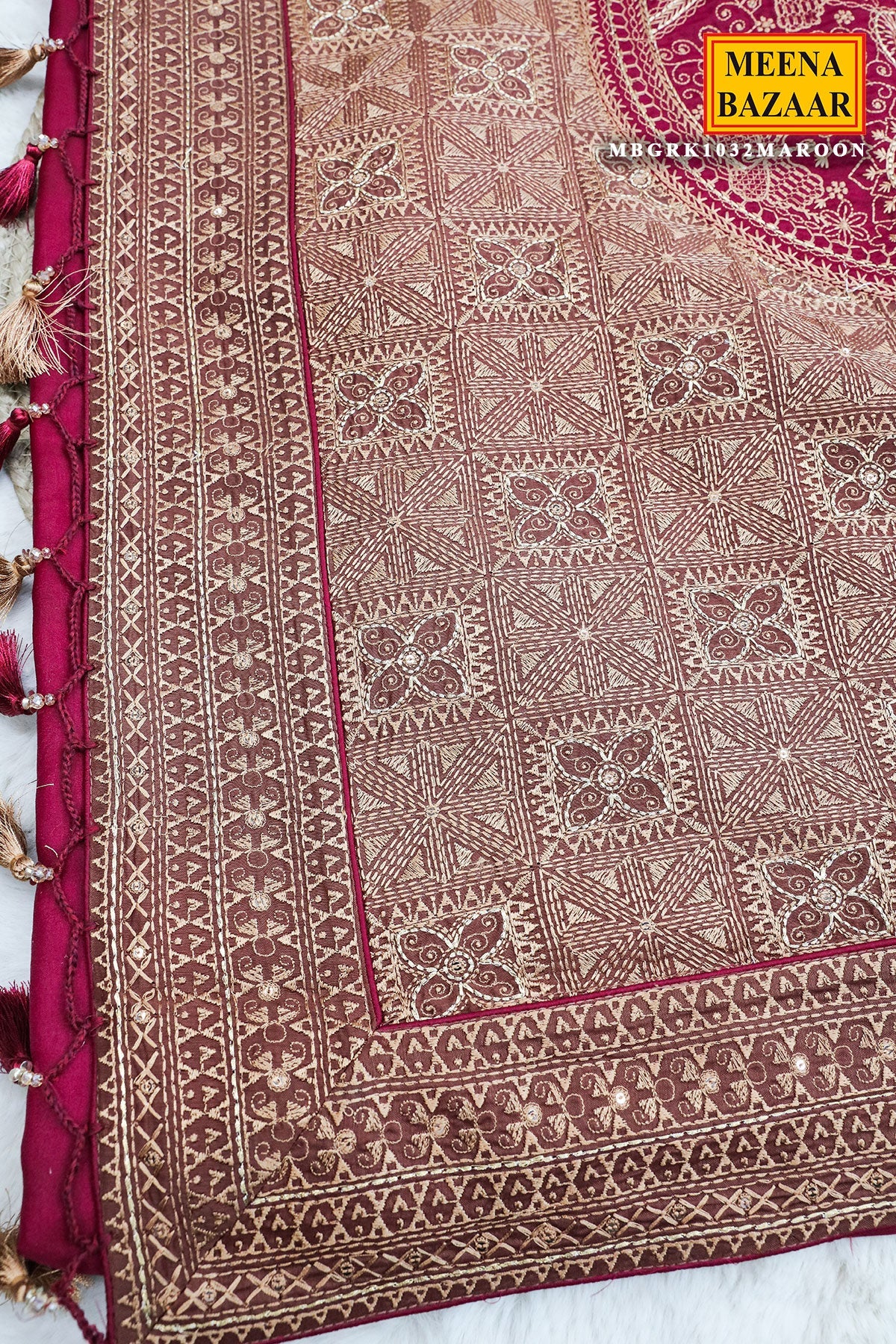 Maroon Silk Resham Threadwork Zari & Sequins Embroidered Saree