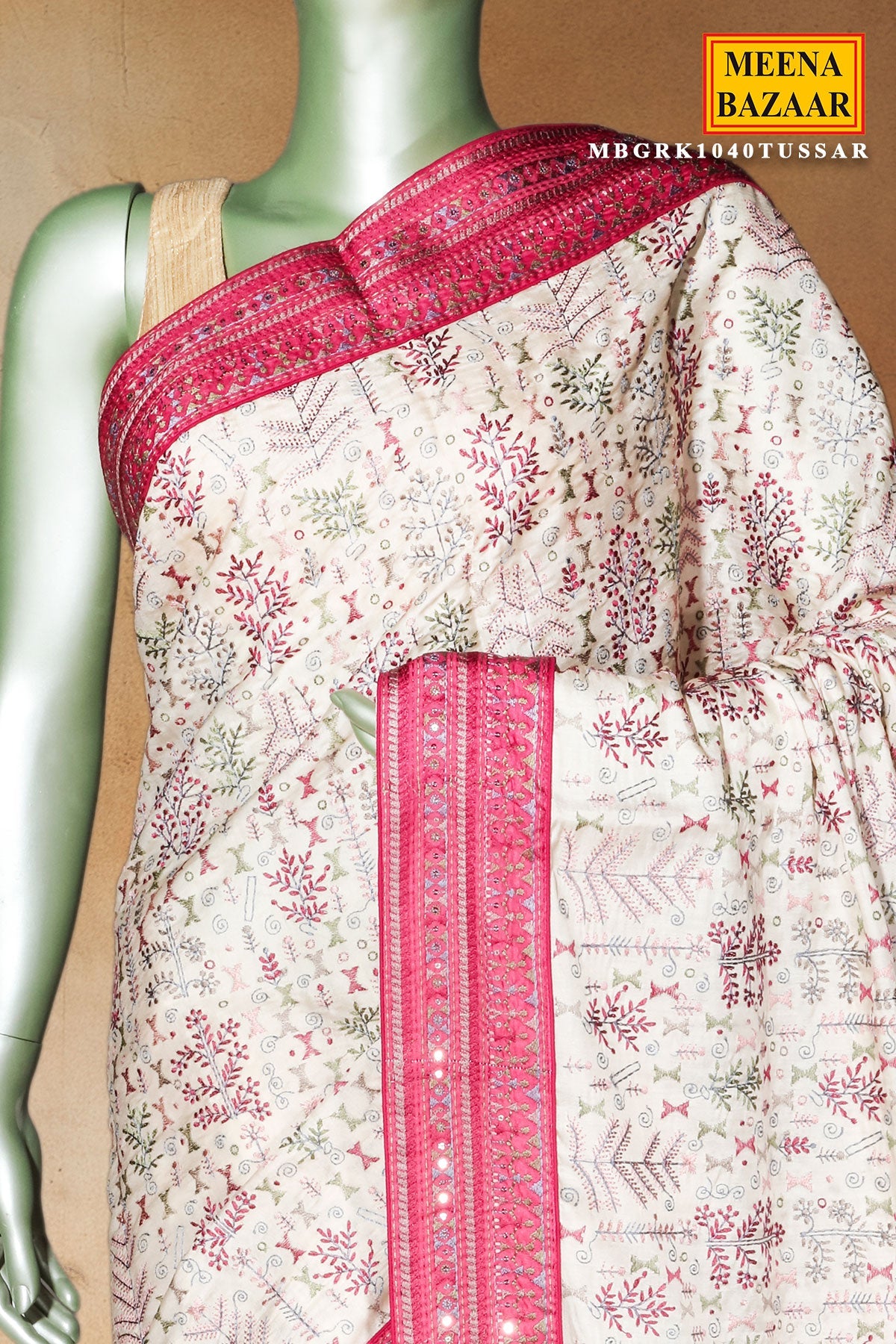 Tusar Silk Saree with Intricate Thread Work & Maroon Sequin Border