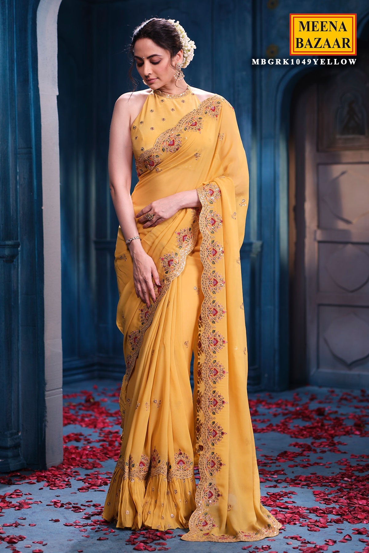 Mustard Georgette Saree Elegant Party & Festive Wear