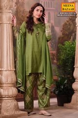 Mehndi Green Silk Shirt Set with Organza Dupatta Elegant Festive Wear