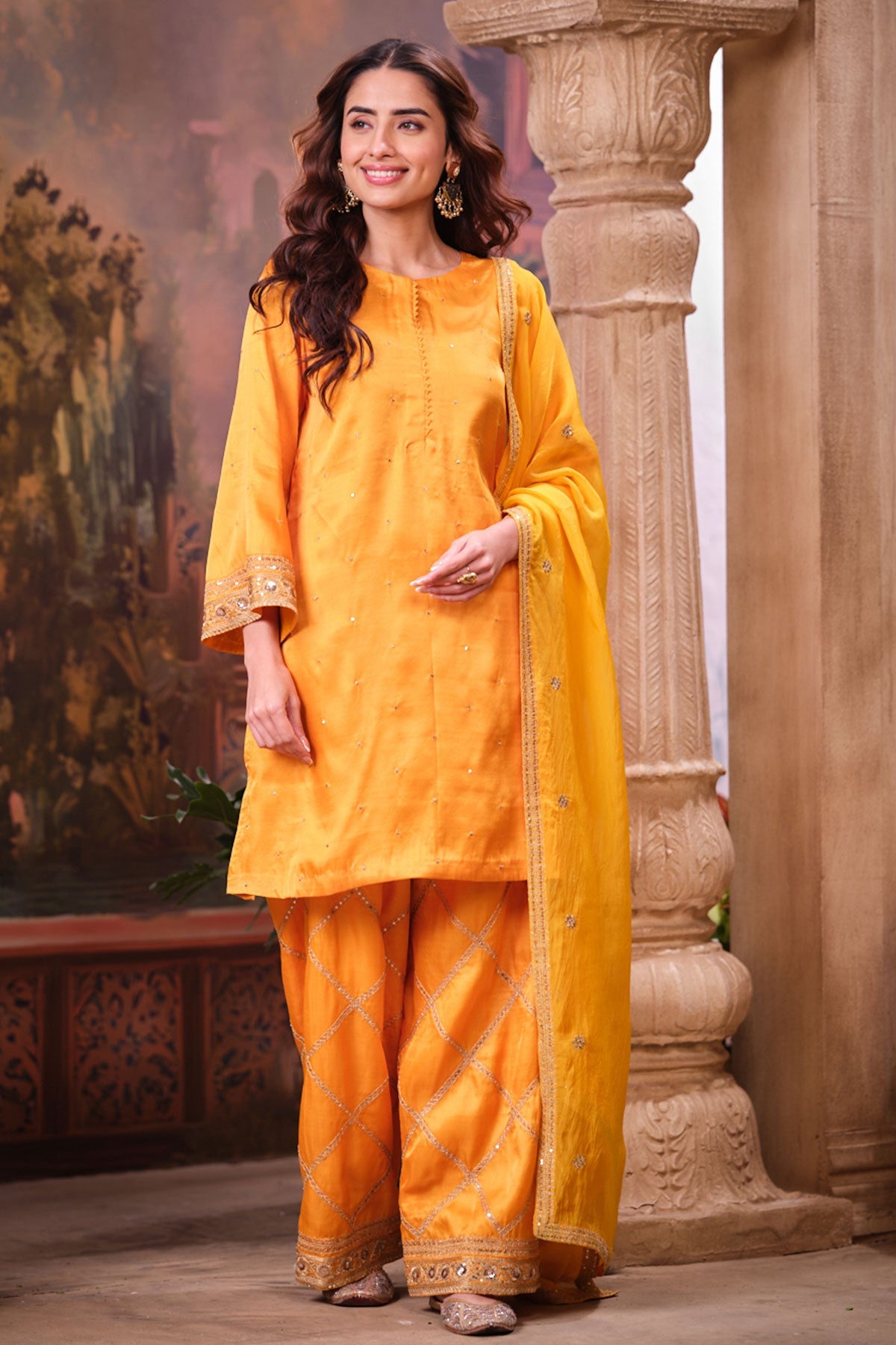 Mustard Silk Shirt Suit Set with Organza Dupatta Elegant Festive & Wedding Wear