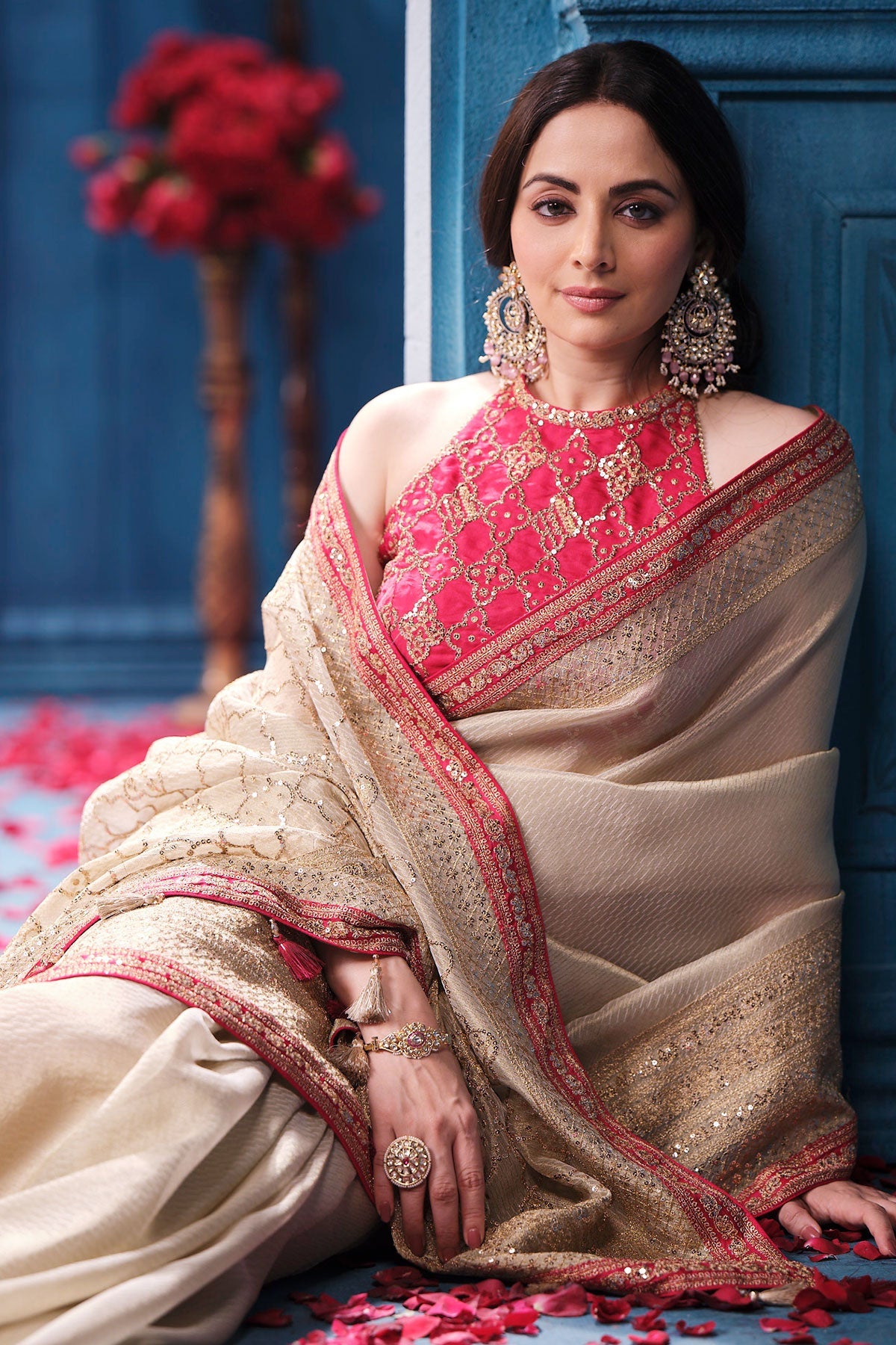 Gold & Rani Tissue Saree Elegant Festive & Wedding Wear
