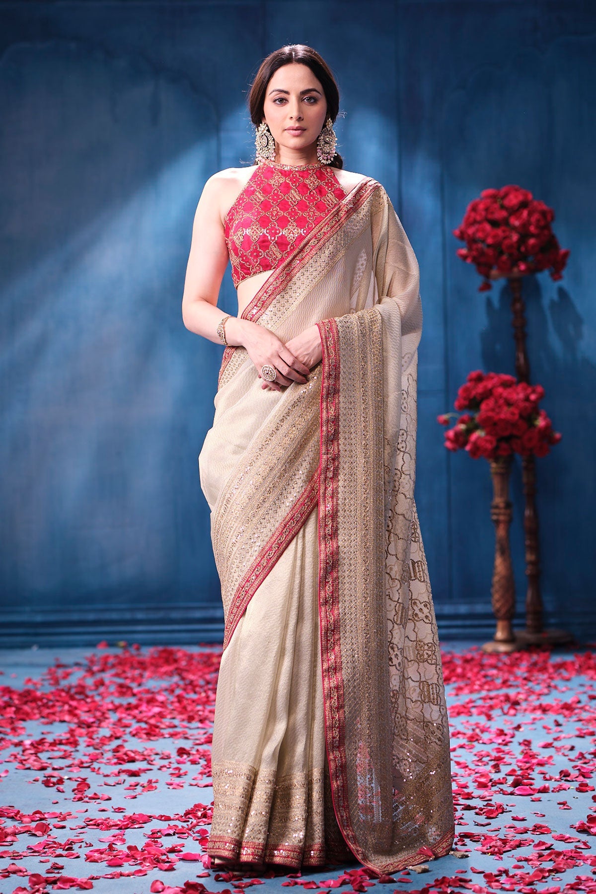 Gold & Rani Tissue Saree Elegant Festive & Wedding Wear