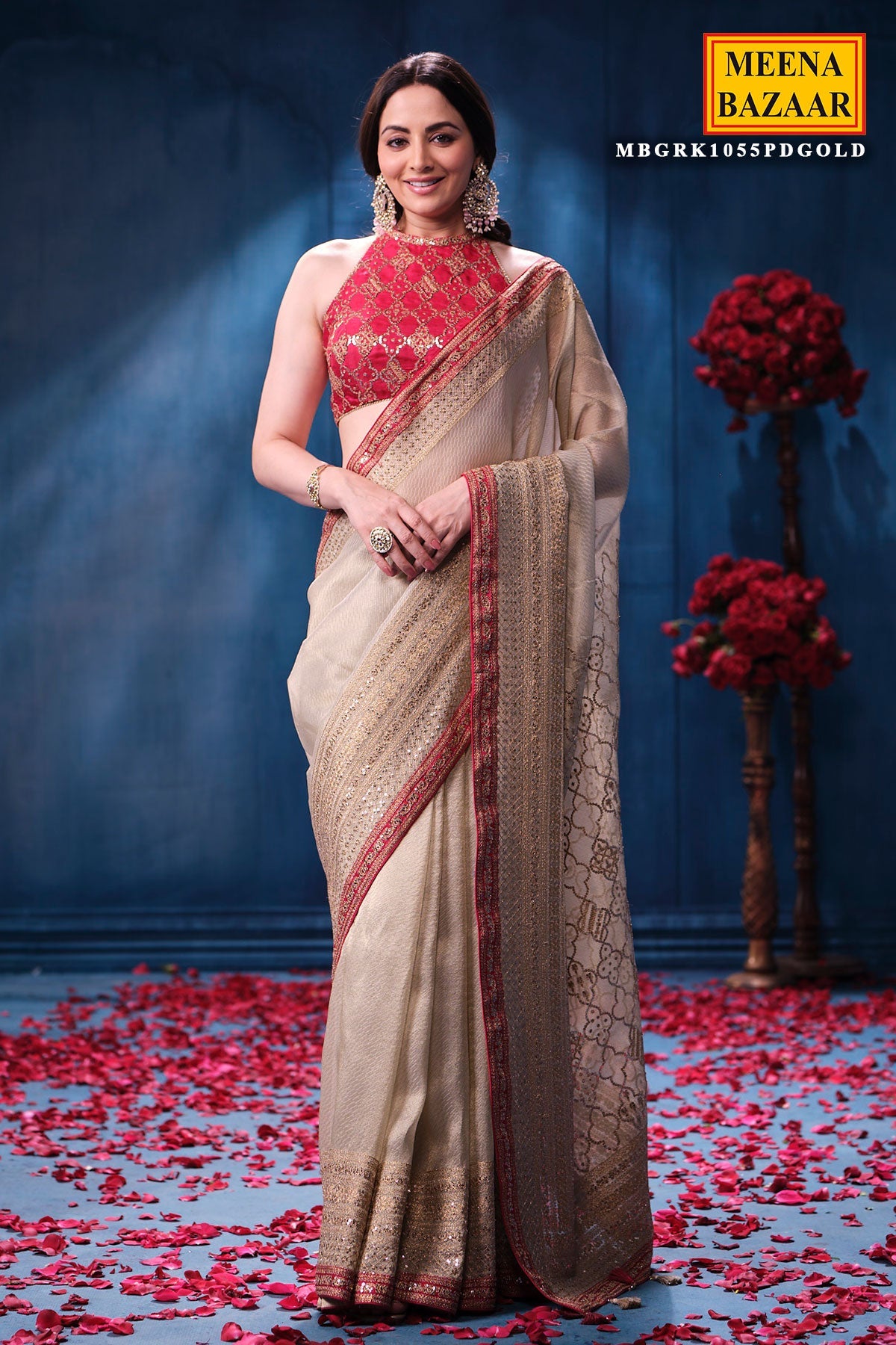 Gold & Rani Tissue Saree Elegant Festive & Wedding Wear