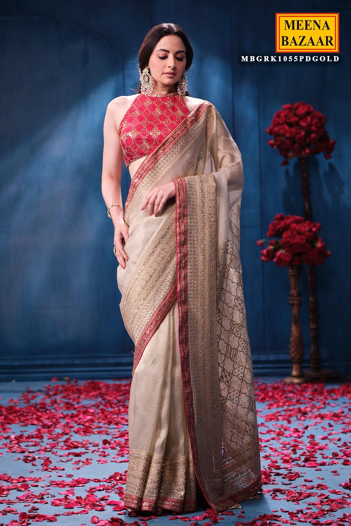 Gold & Rani Tissue Saree Elegant Festive & Wedding Wear