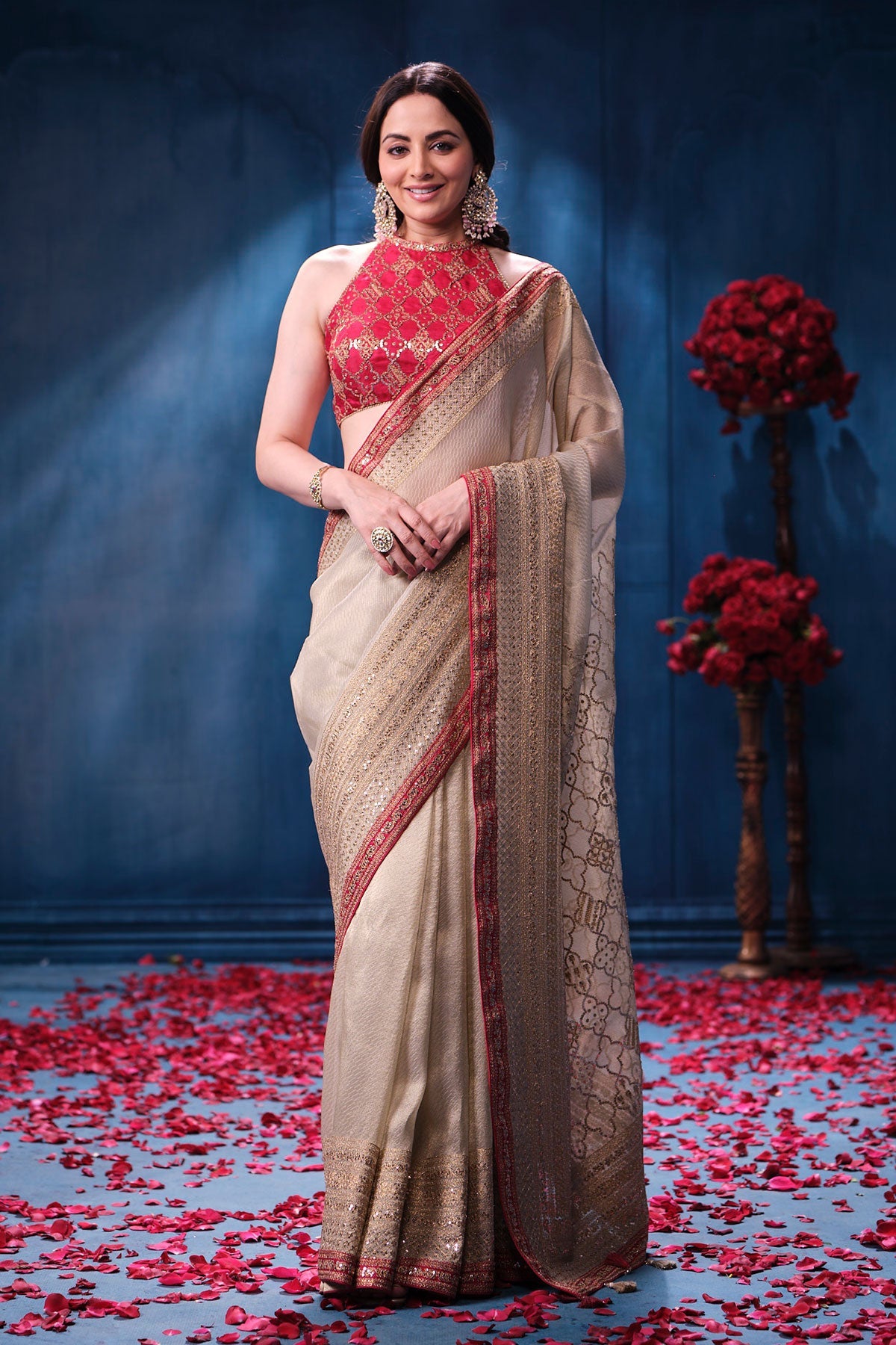 Gold & Rani Tissue Saree Elegant Festive & Wedding Wear