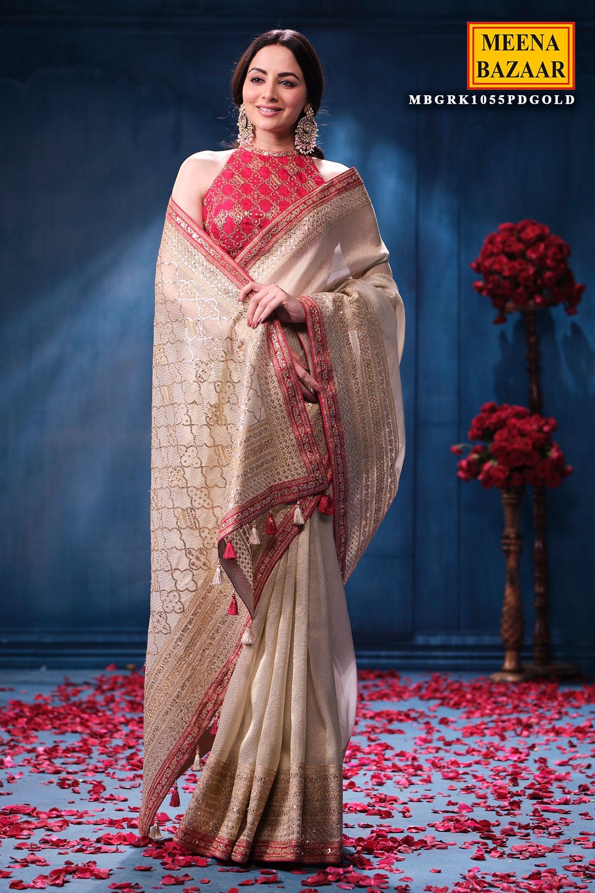Gold & Rani Tissue Saree Elegant Festive & Wedding Wear