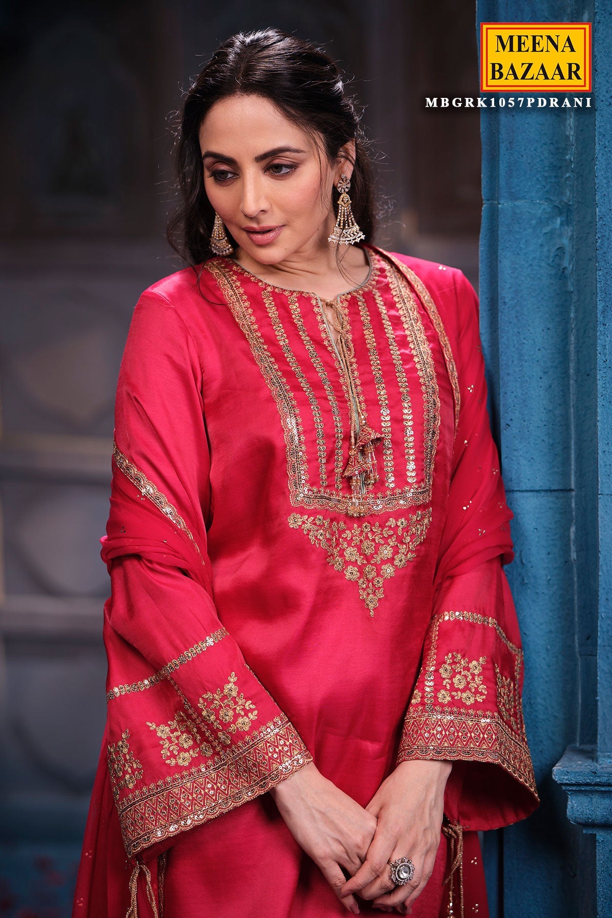 Rani Silk Suit Set Shirt with Chiffon Dupatta Elegant Festive & Party Wear