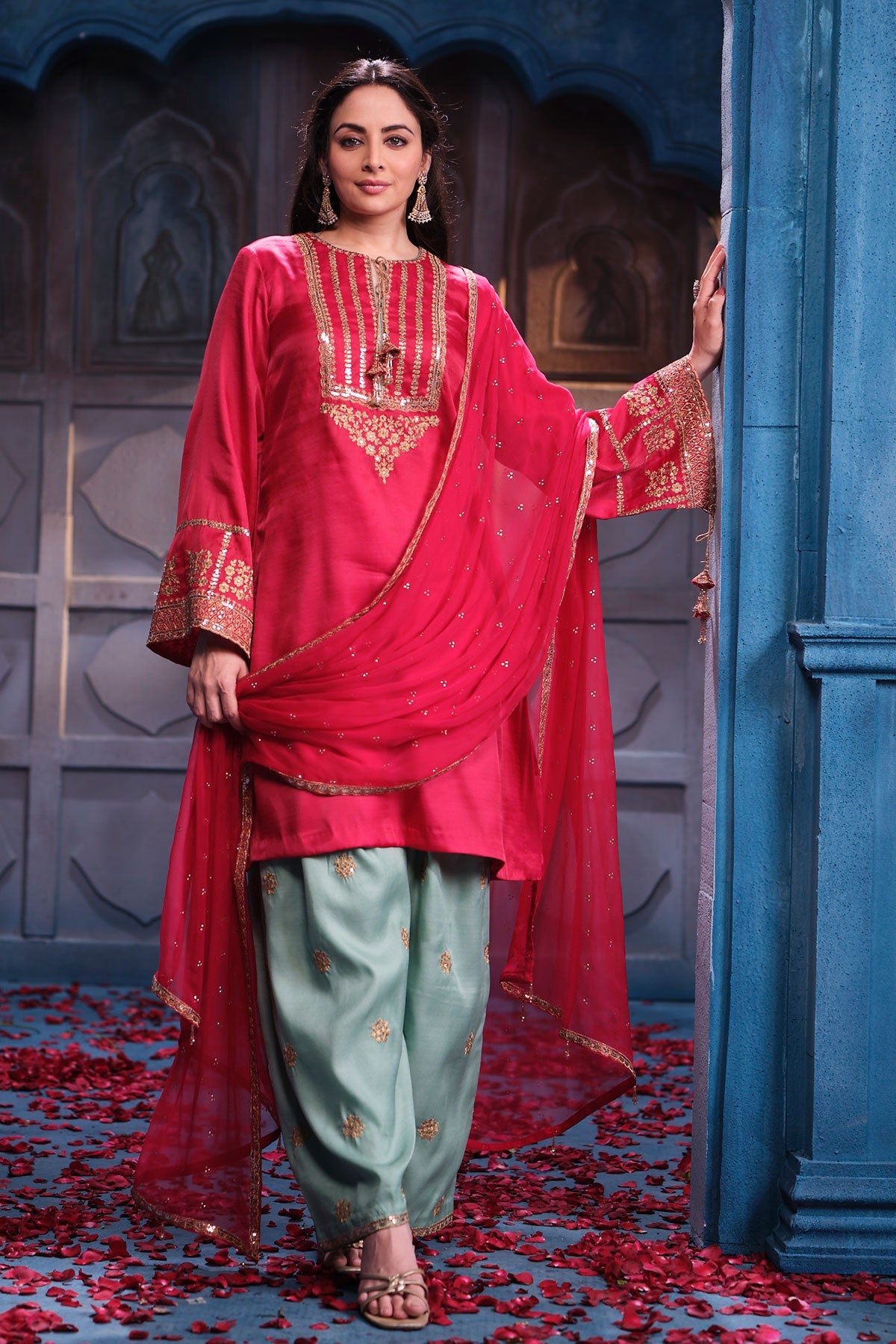 Rani Silk Suit Set Shirt with Chiffon Dupatta Elegant Festive & Party Wear