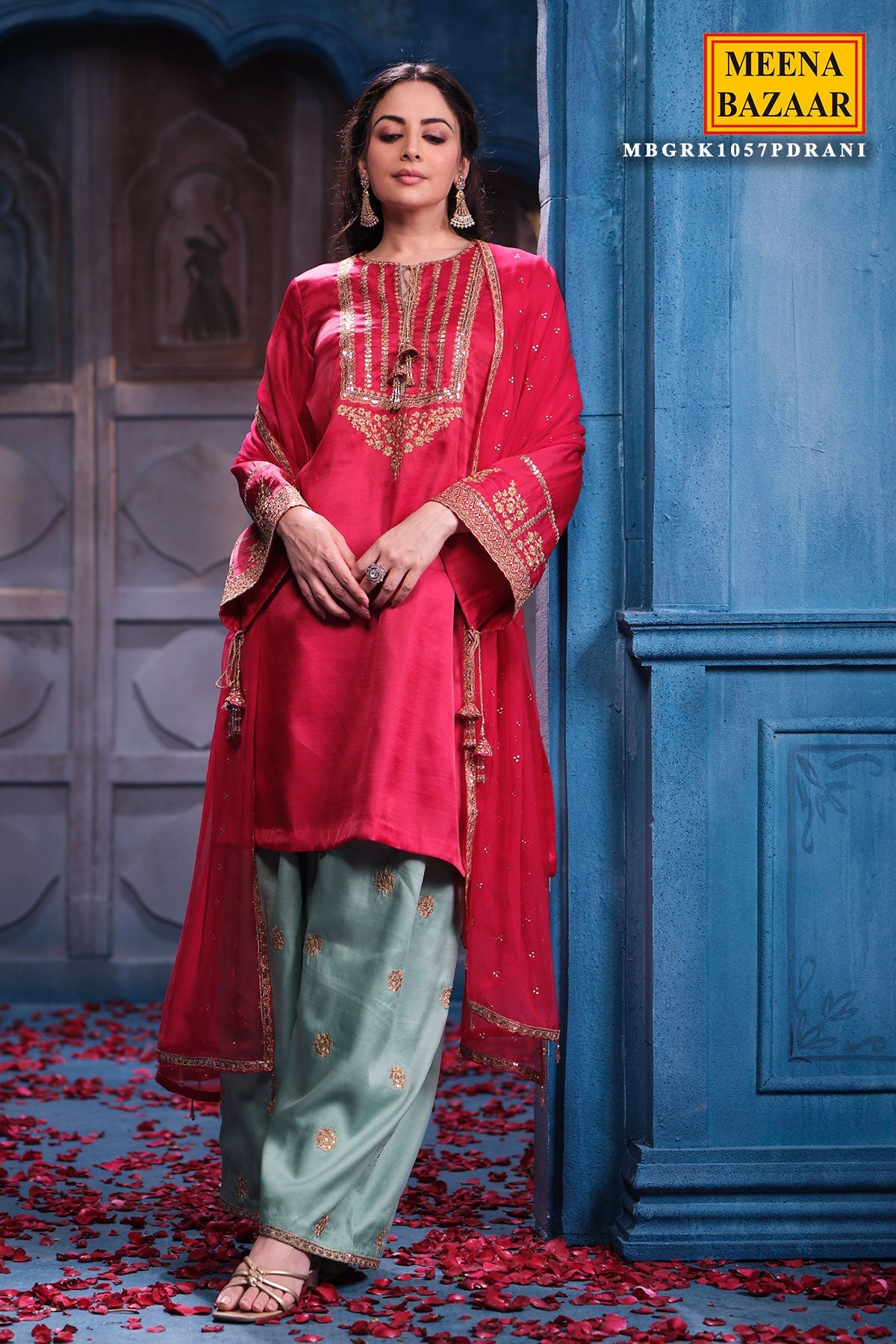 Rani Silk Suit Set Shirt with Chiffon Dupatta Elegant Festive & Party Wear