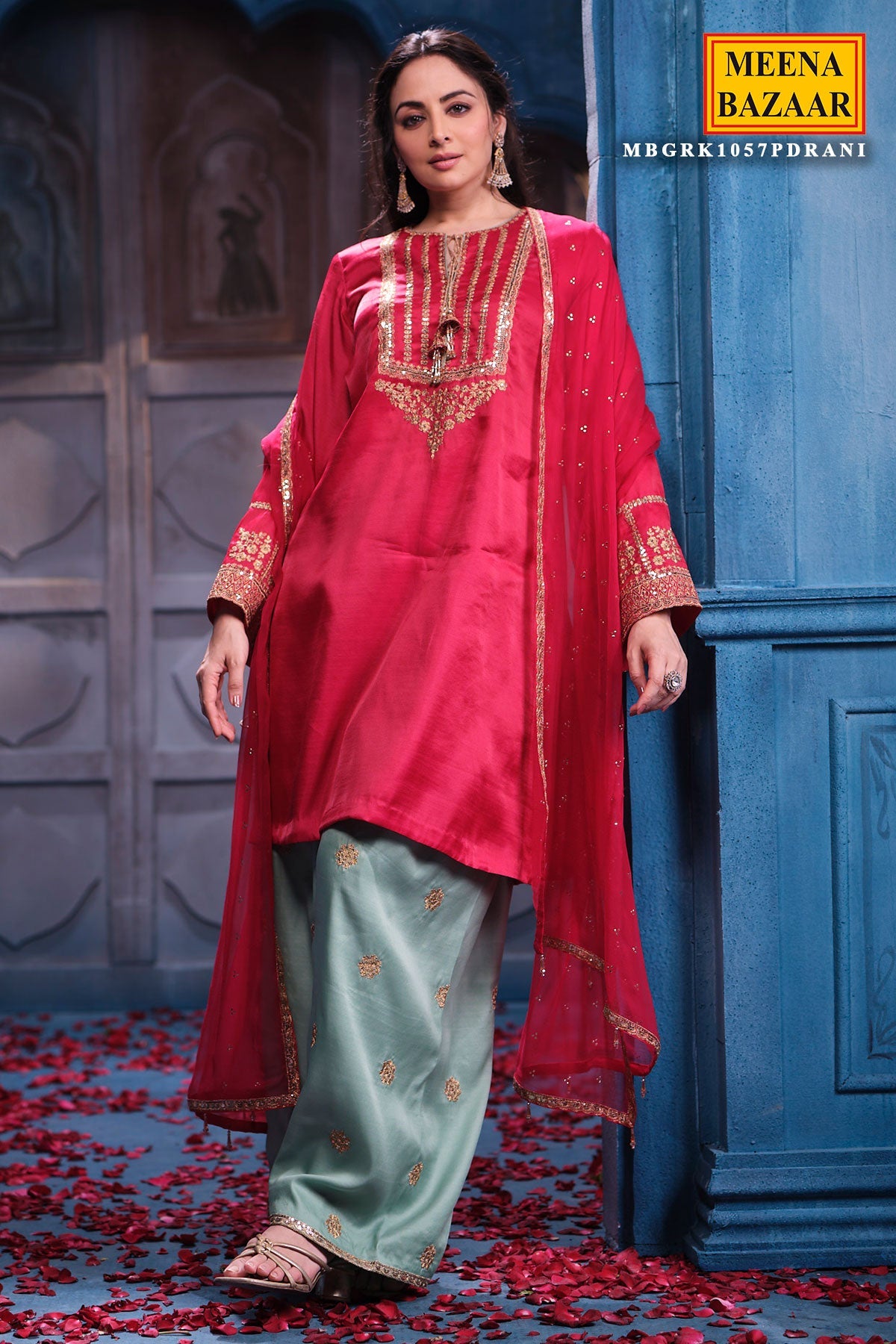 Rani Silk Suit Set Shirt with Chiffon Dupatta Elegant Festive & Party Wear