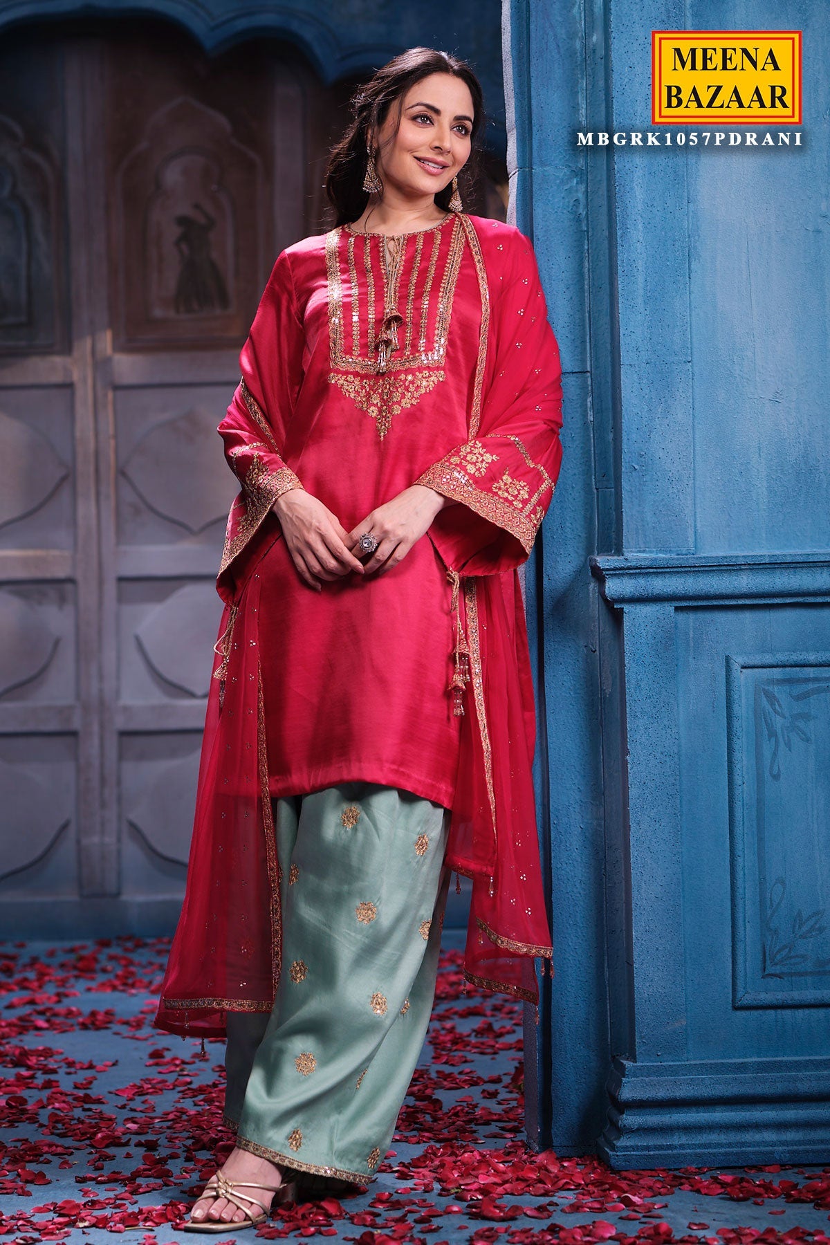 Rani Silk Suit Set Shirt with Chiffon Dupatta Elegant Festive & Party Wear