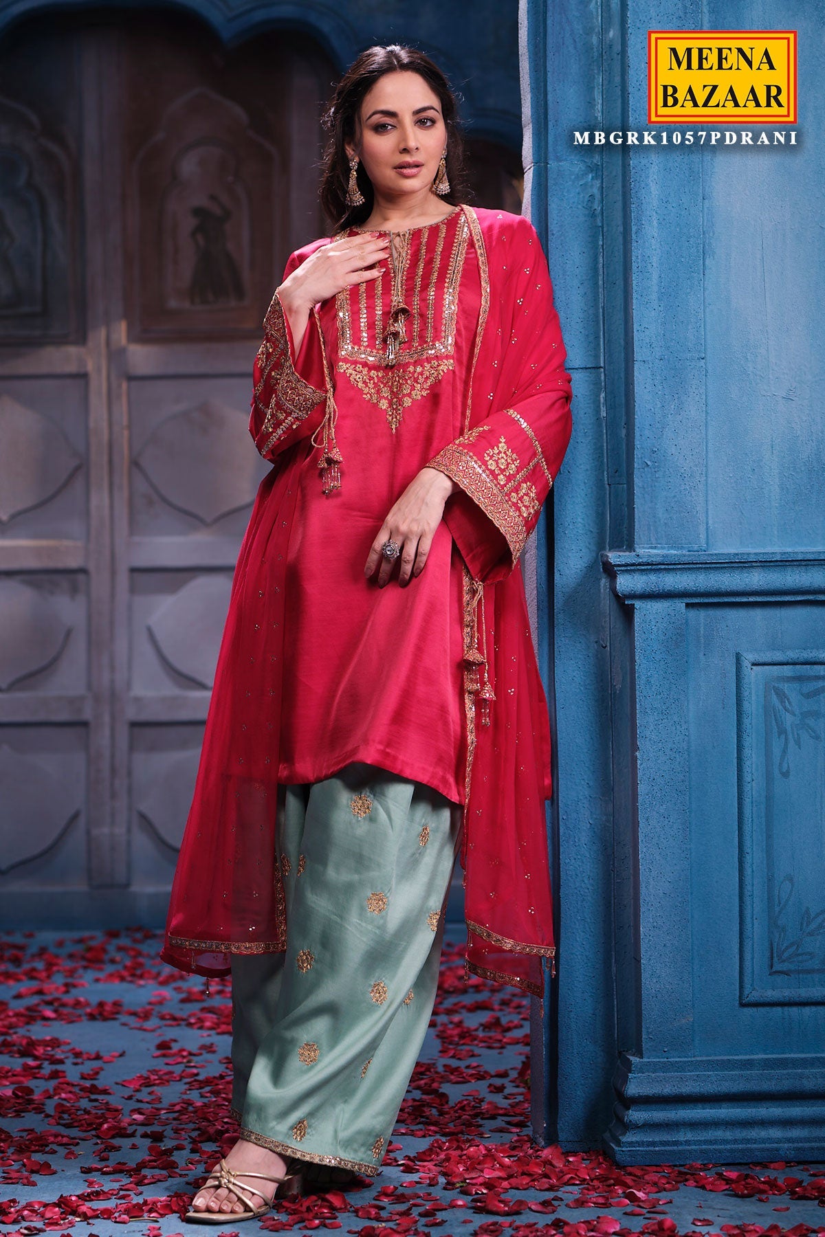 Rani Silk Suit Set Shirt with Chiffon Dupatta Elegant Festive & Party Wear